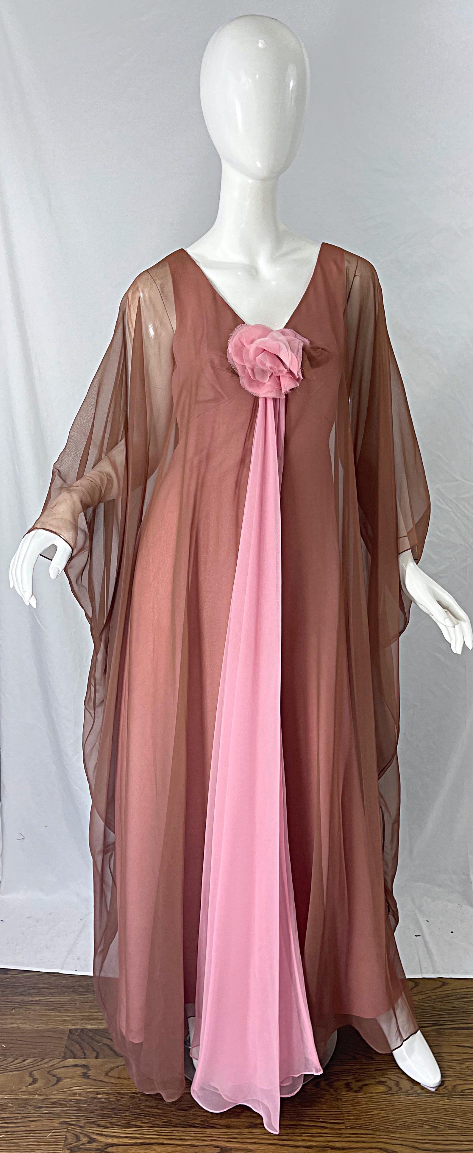 1970s ESTEVEZ bubblegum pink and nude brown chiffon caftan maxi dress ! Flower applique at center bust. Full metal zipper up the back with hook-and-eye closure. Great for any day or evening event. In great condition. Very well made, with lots of
