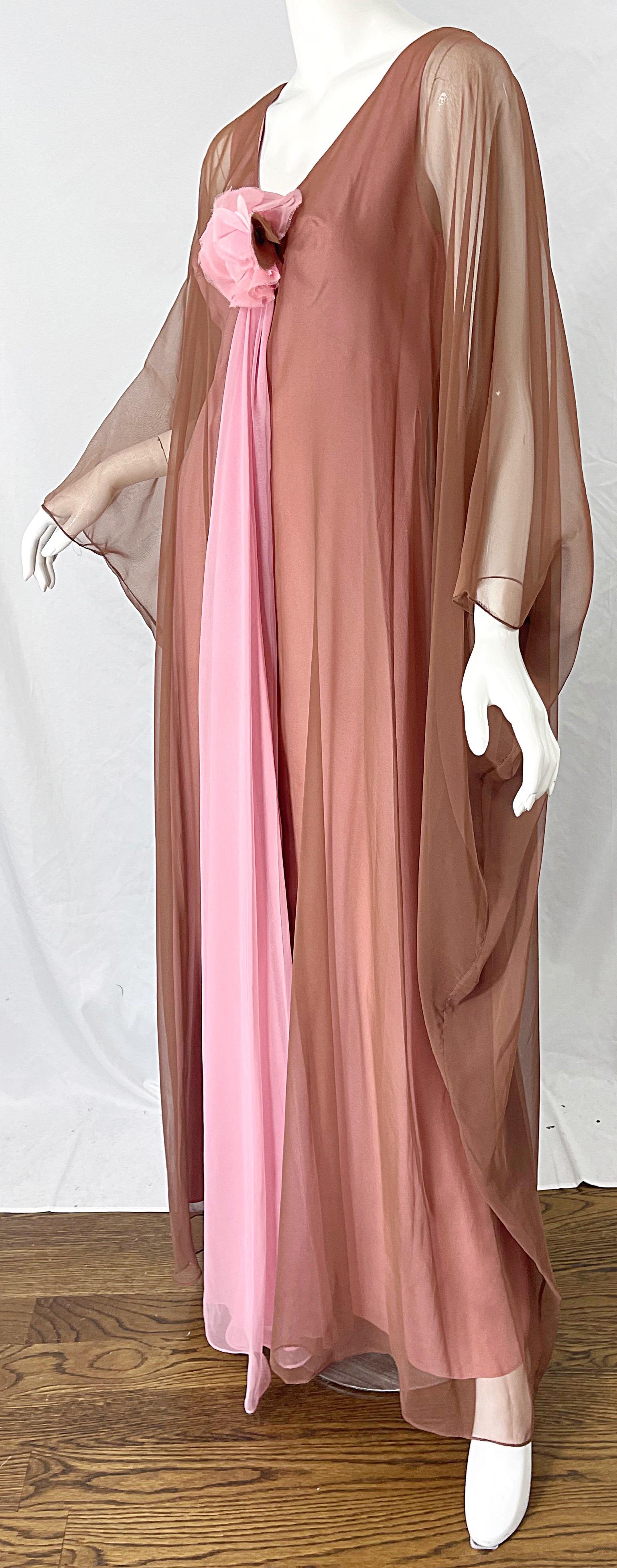 Women's 1970s Estevez Pink + Nude Brown Chiffon Caftan Vintage 70s Kaftan Maxi Dress For Sale