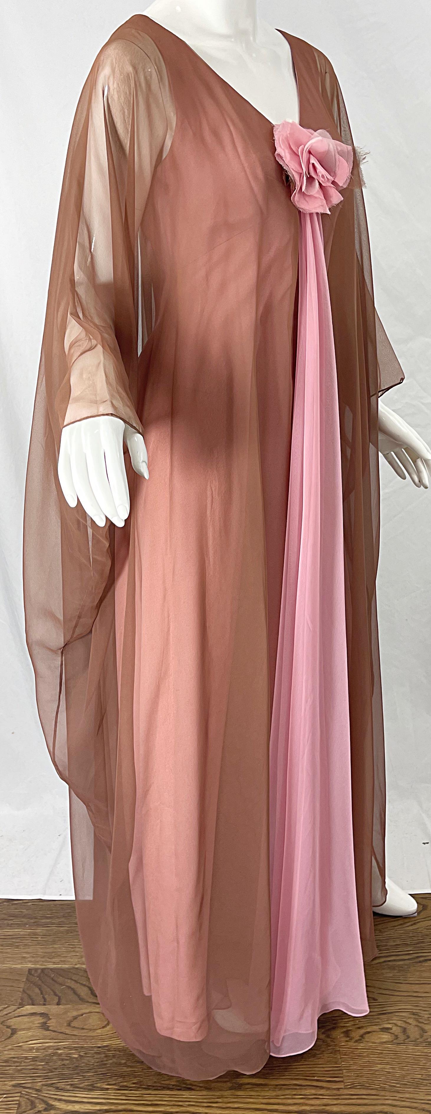 1970s Estevez Pink + Nude Brown Chiffon Caftan Vintage 70s Kaftan Maxi Dress For Sale 1