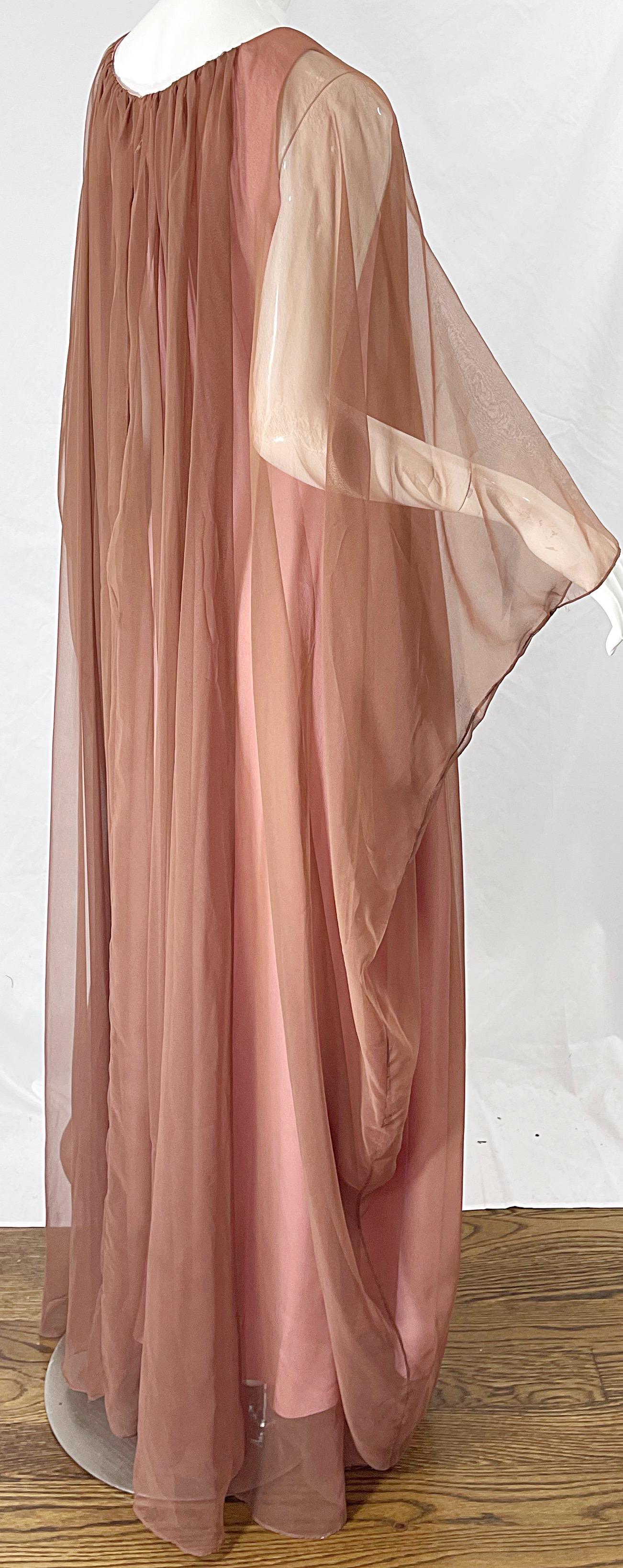 1970s Estevez Pink + Nude Brown Chiffon Caftan Vintage 70s Kaftan Maxi Dress For Sale 2