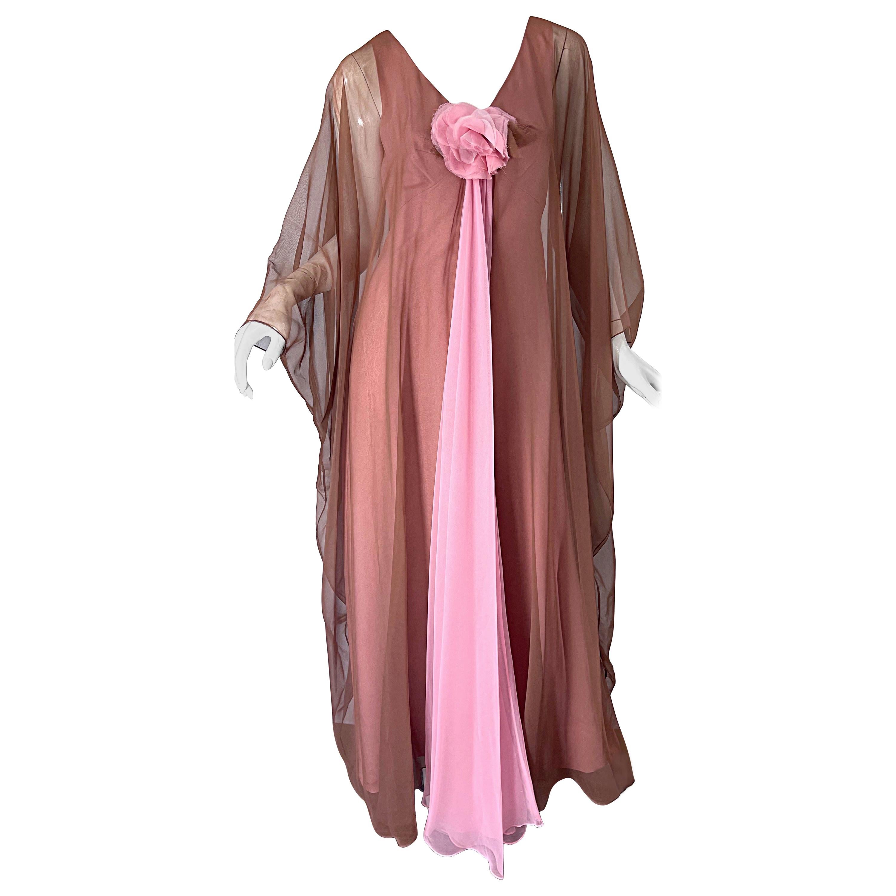 1970s Estevez Pink + Nude Brown Chiffon Caftan Vintage 70s Kaftan Maxi Dress For Sale