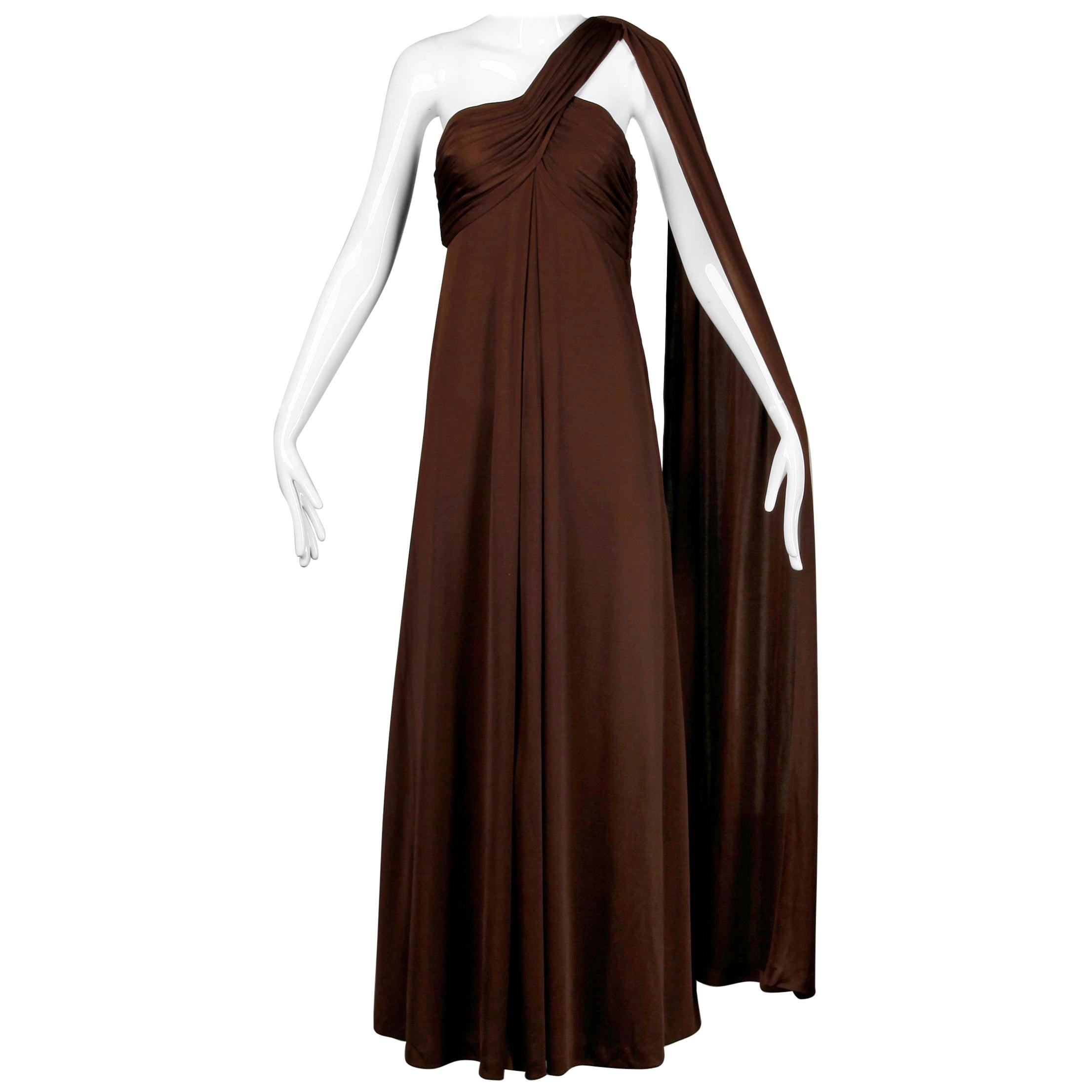 1970s Estevez Vintage Brown Slinky Jersey Knit One Shoulder Maxi Dress / Gown 