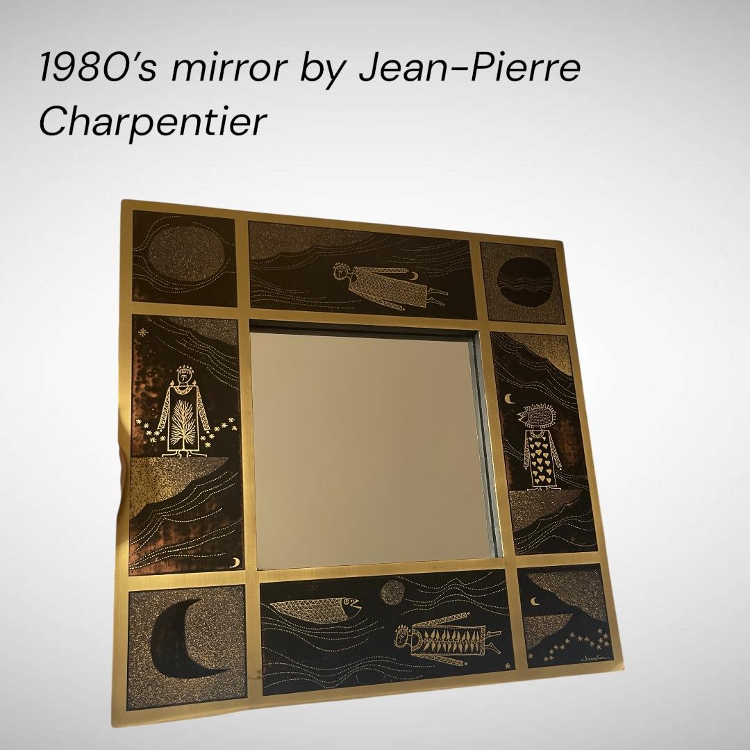 Miroor de latón grabado de los años 70 por Jean-Pierre Chevalier en venta 4