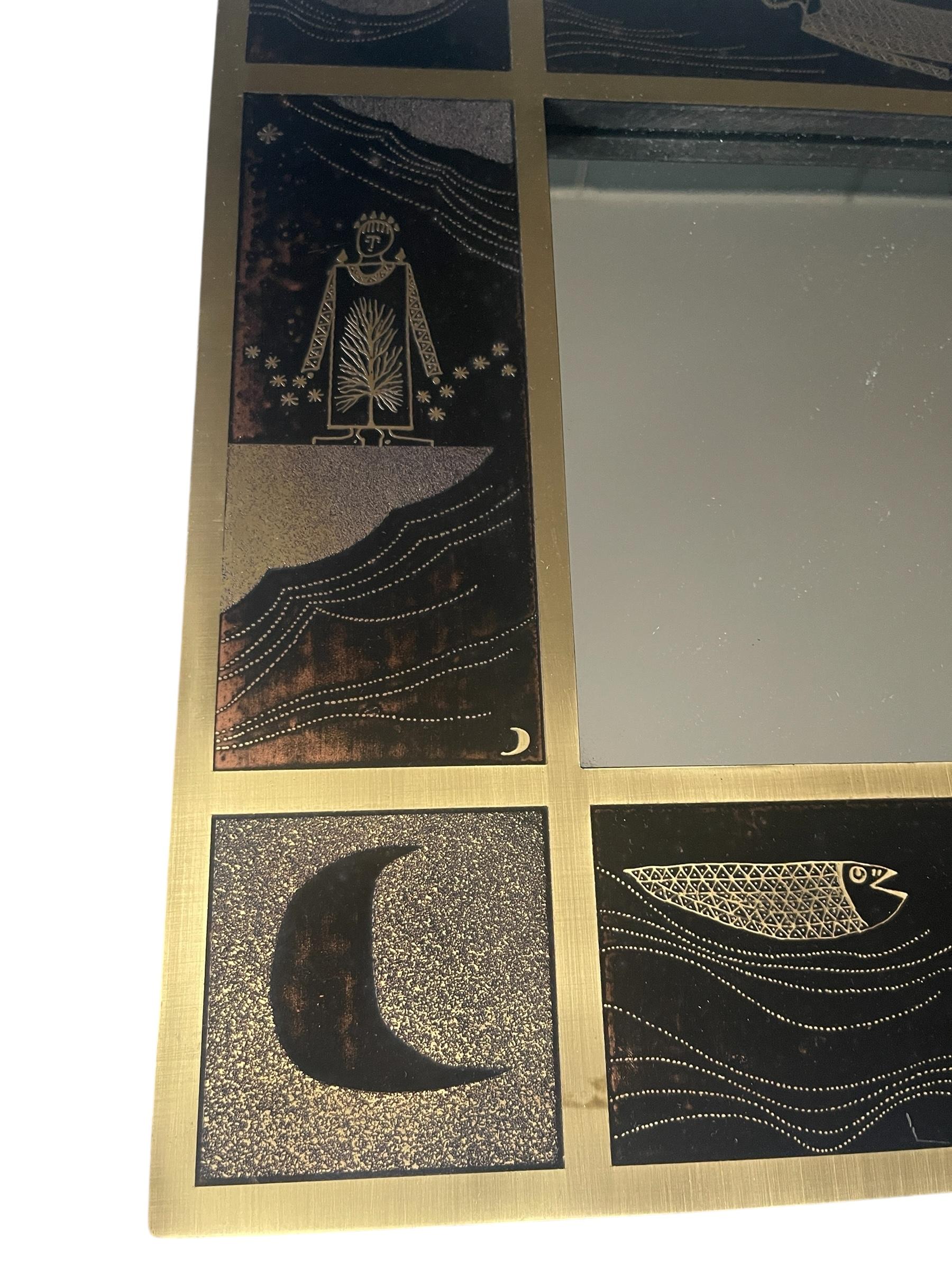 Miroor de latón grabado de los años 70 por Jean-Pierre Chevalier en Bueno estado para la venta en Bois-Colombes, FR