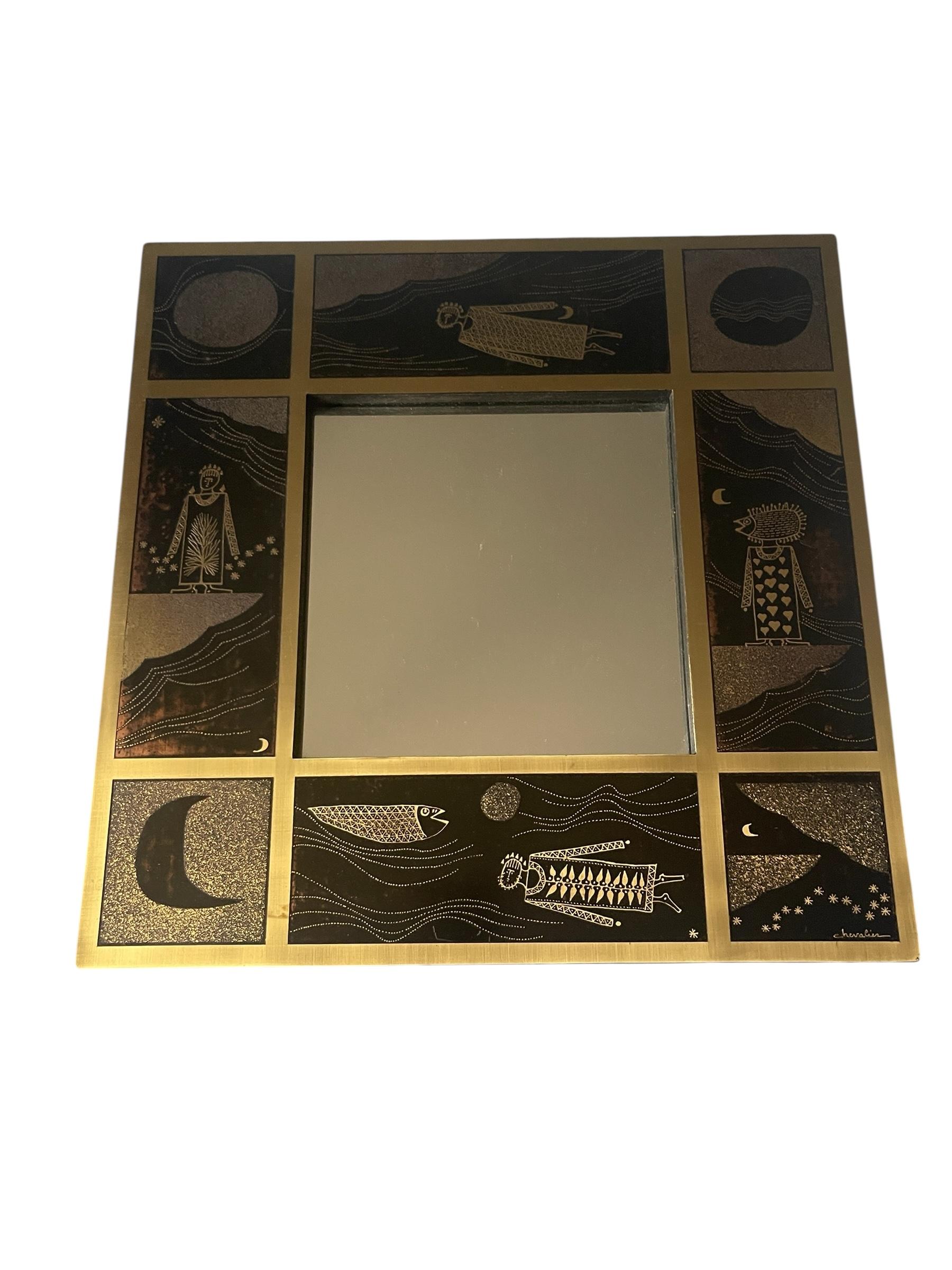 Miroor de latón grabado de los años 70 por Jean-Pierre Chevalier finales del siglo XX en venta