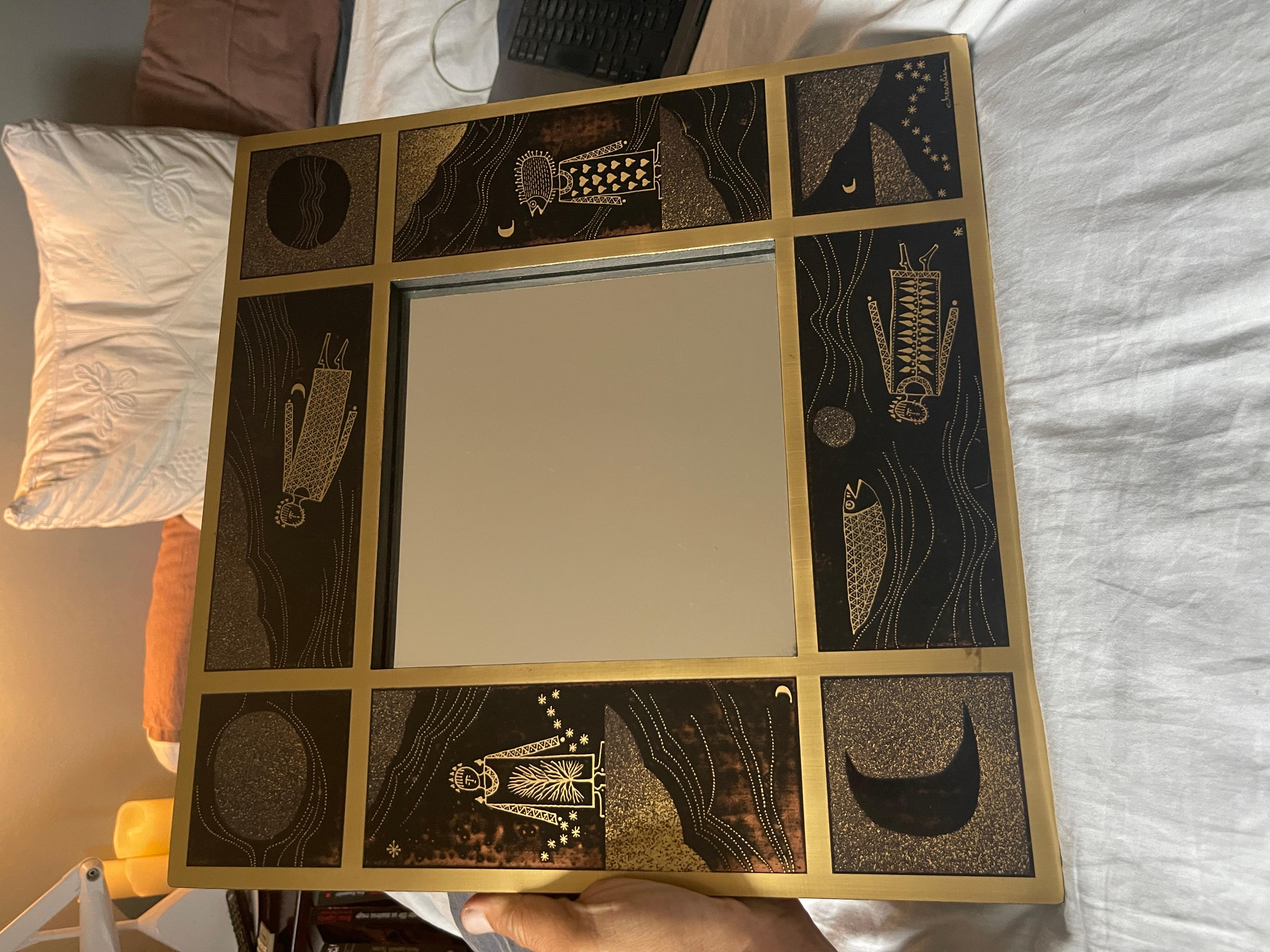 Miroor de latón grabado de los años 70 por Jean-Pierre Chevalier en venta 3