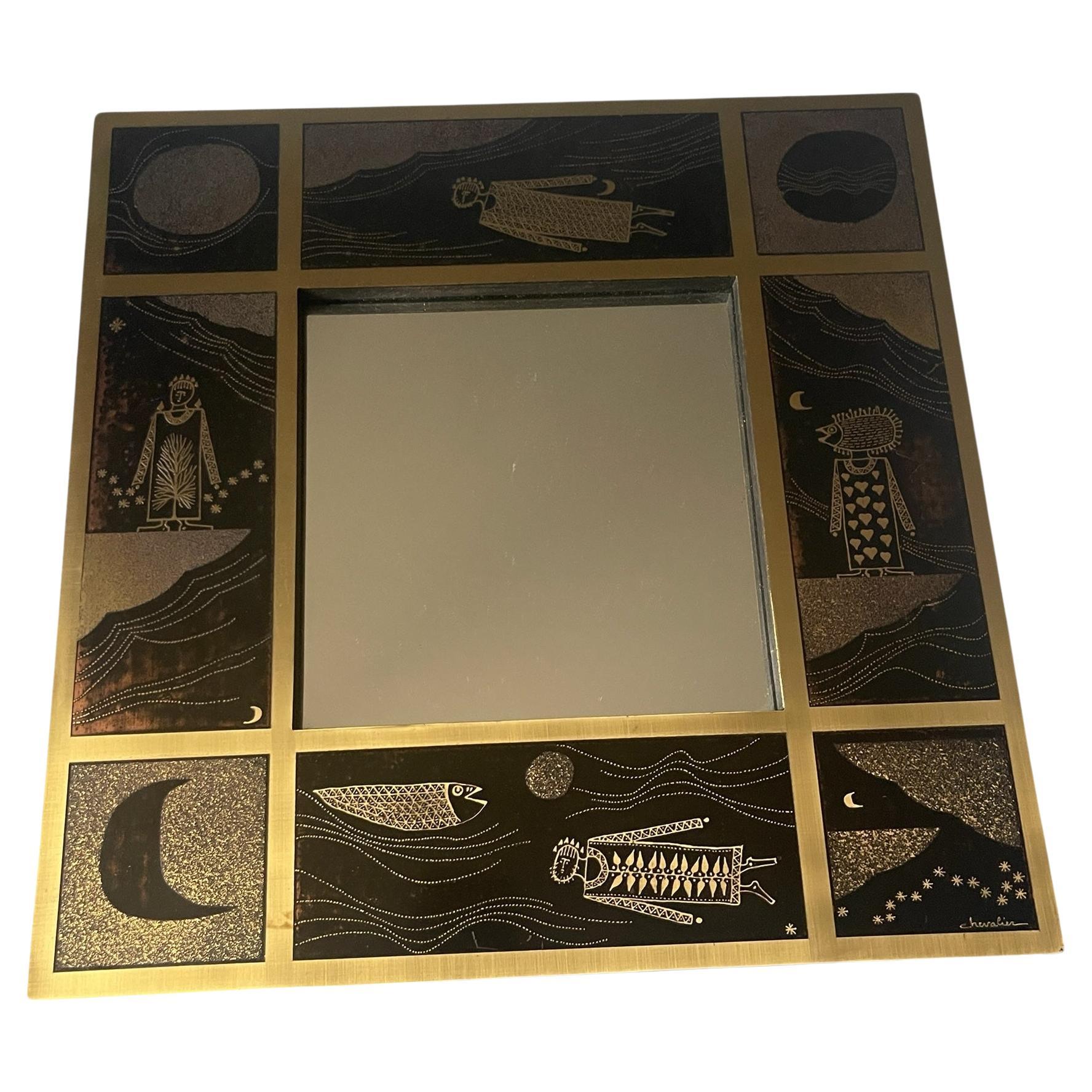 Miroor de latón grabado de los años 70 por Jean-Pierre Chevalier en venta