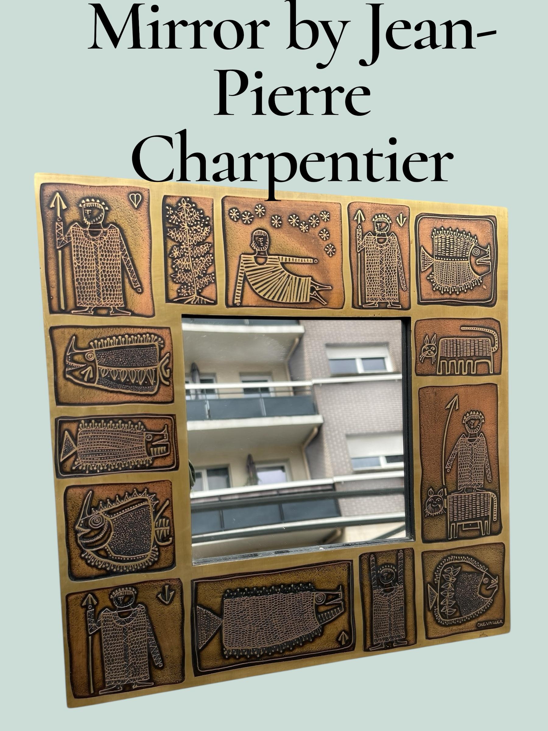 1970's Etched brass wall mirror by Jean Pierre Charpentier For Sale 6