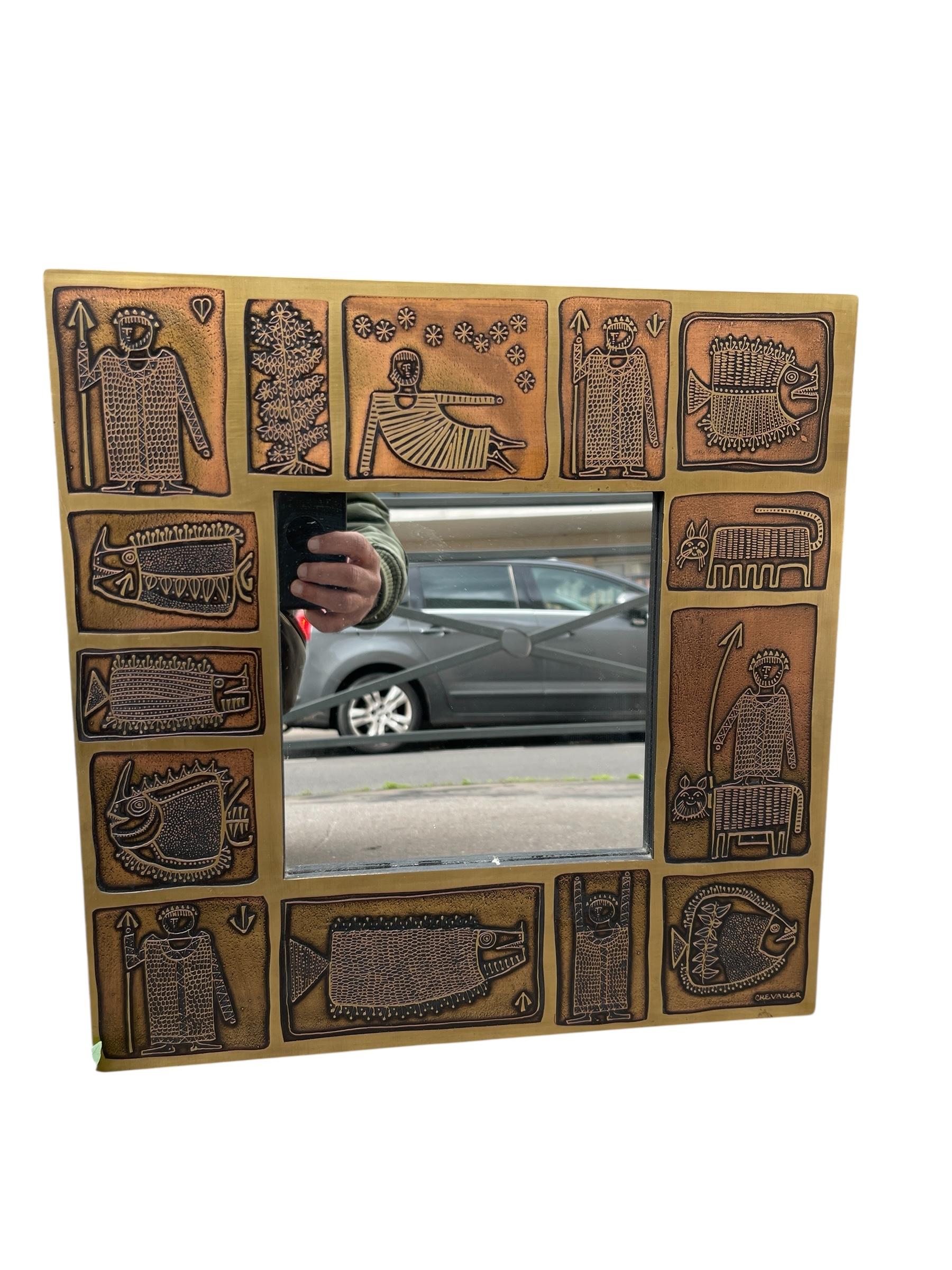 Rare 1970's precious etched brass mirror by Jean-Pierre Charpentier
