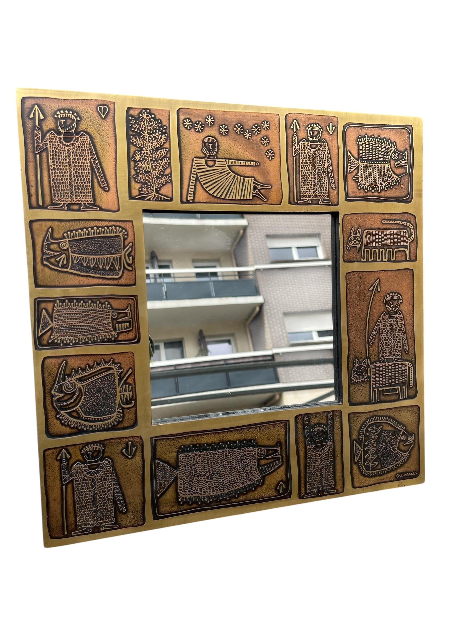 French 1970's Etched brass wall mirror by Jean Pierre Charpentier For Sale