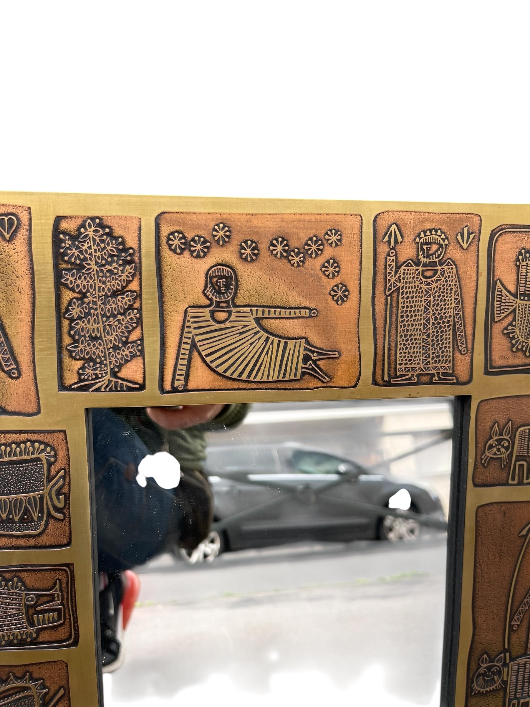 Brass 1970's Etched brass wall mirror by Jean Pierre Charpentier For Sale