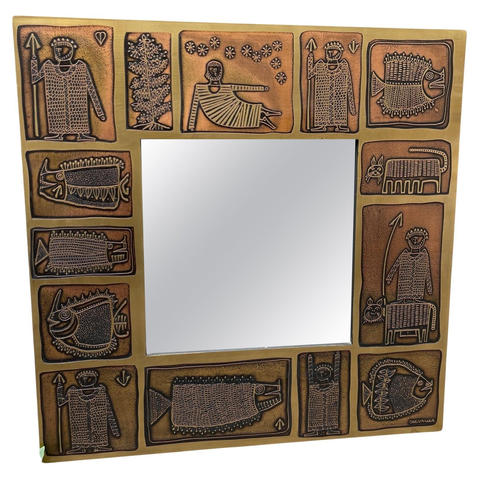 1970's Etched brass wall mirror by Jean Pierre Charpentier For Sale