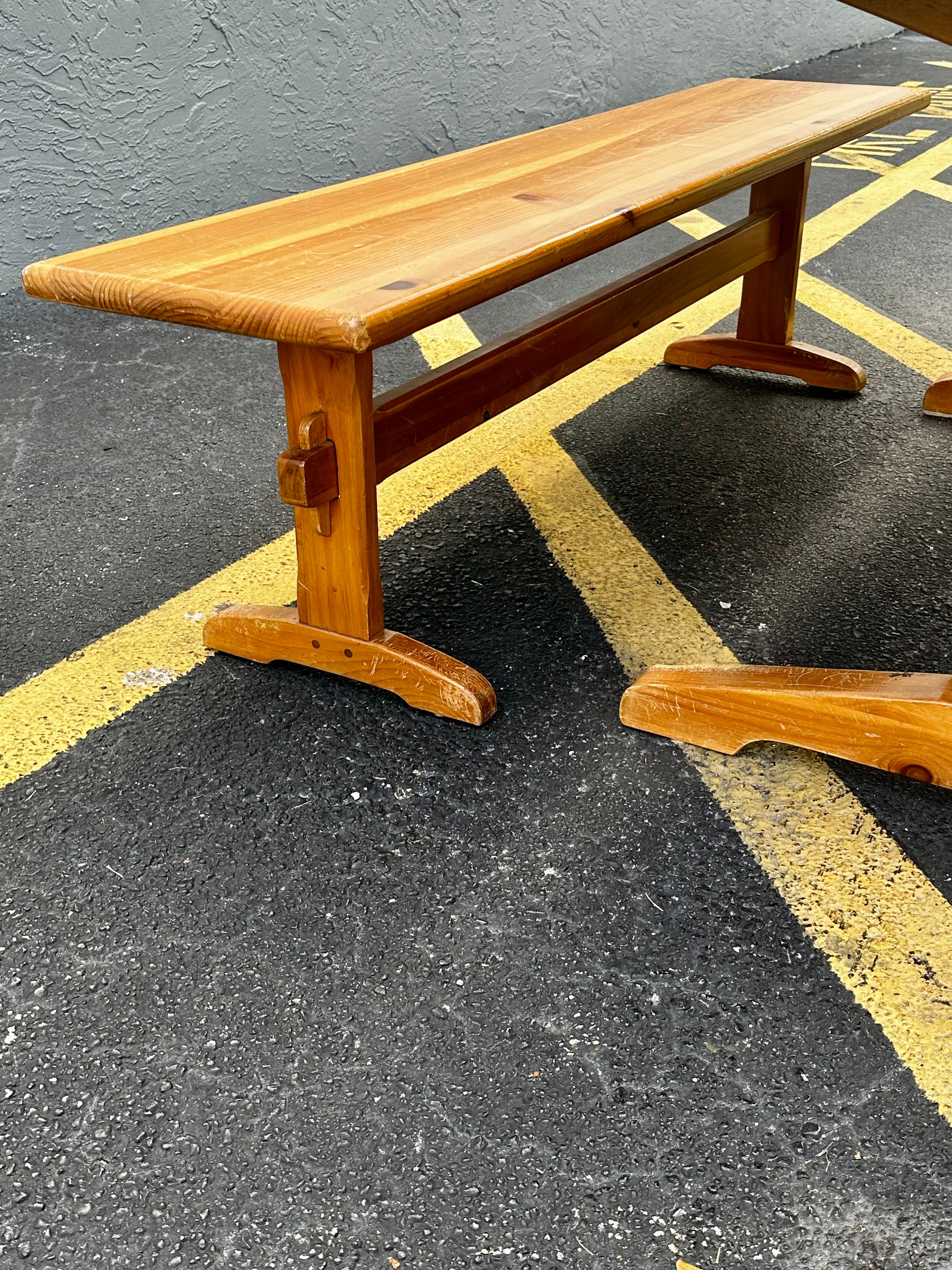 1970s Ethan Allen Trestle Wood Dining Table With Bench, Set of 3 For Sale 7