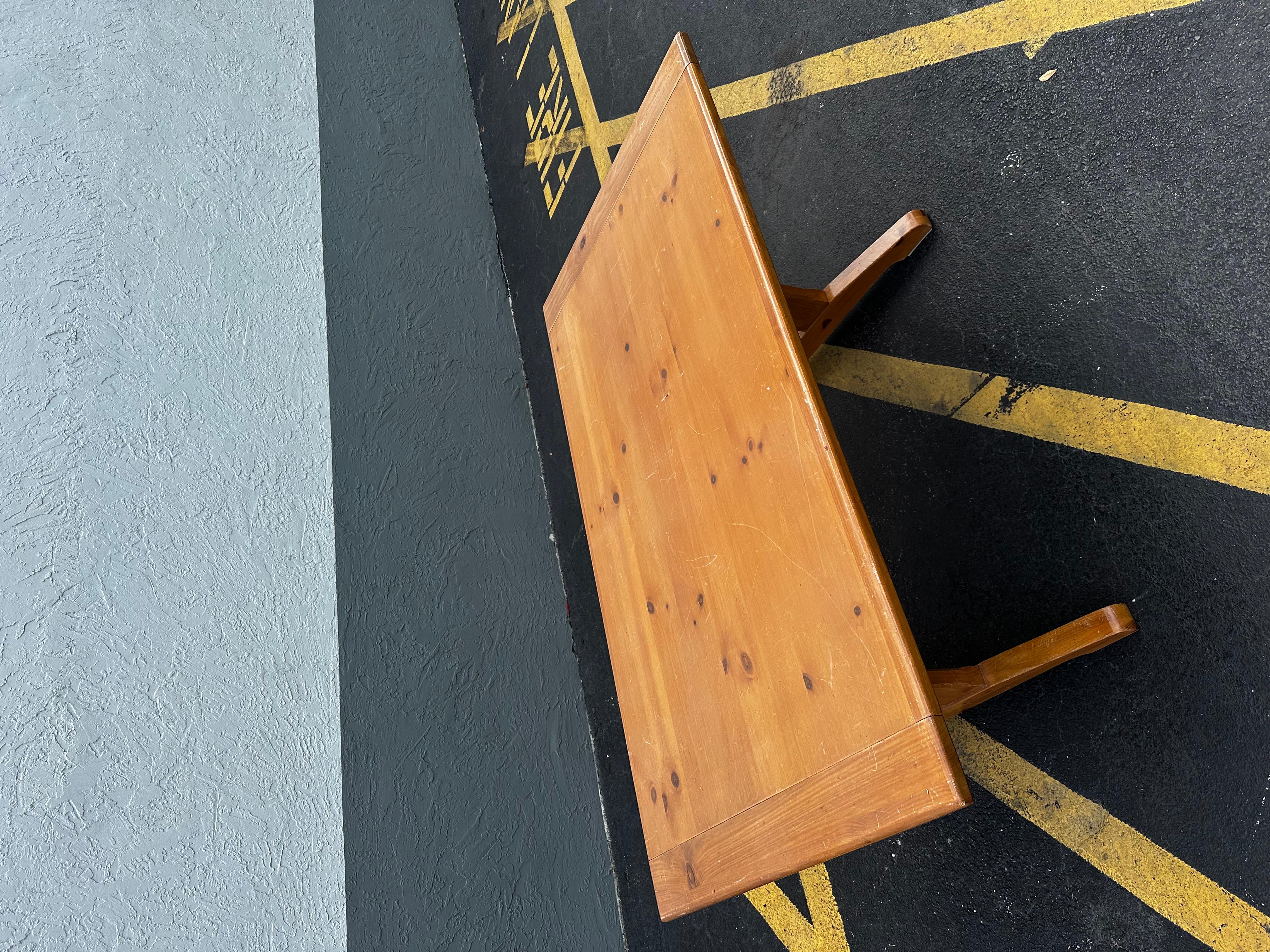 1970s Ethan Allen Trestle Wood Dining Table With Bench, Set of 3 For Sale 3