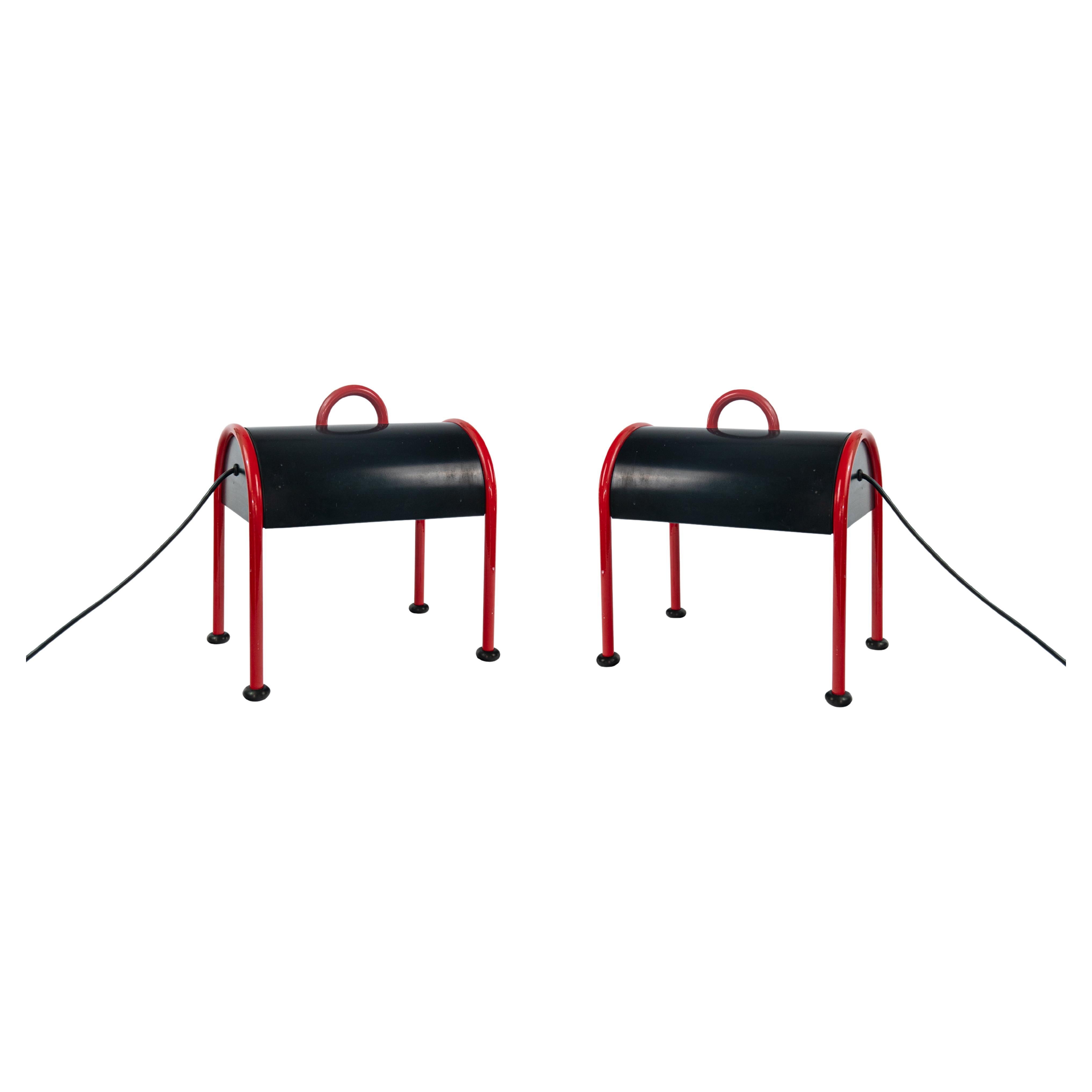 1970's Ettore Sottsass Stilnovo Valigia Table Lamps Black Red Colour Mid Century