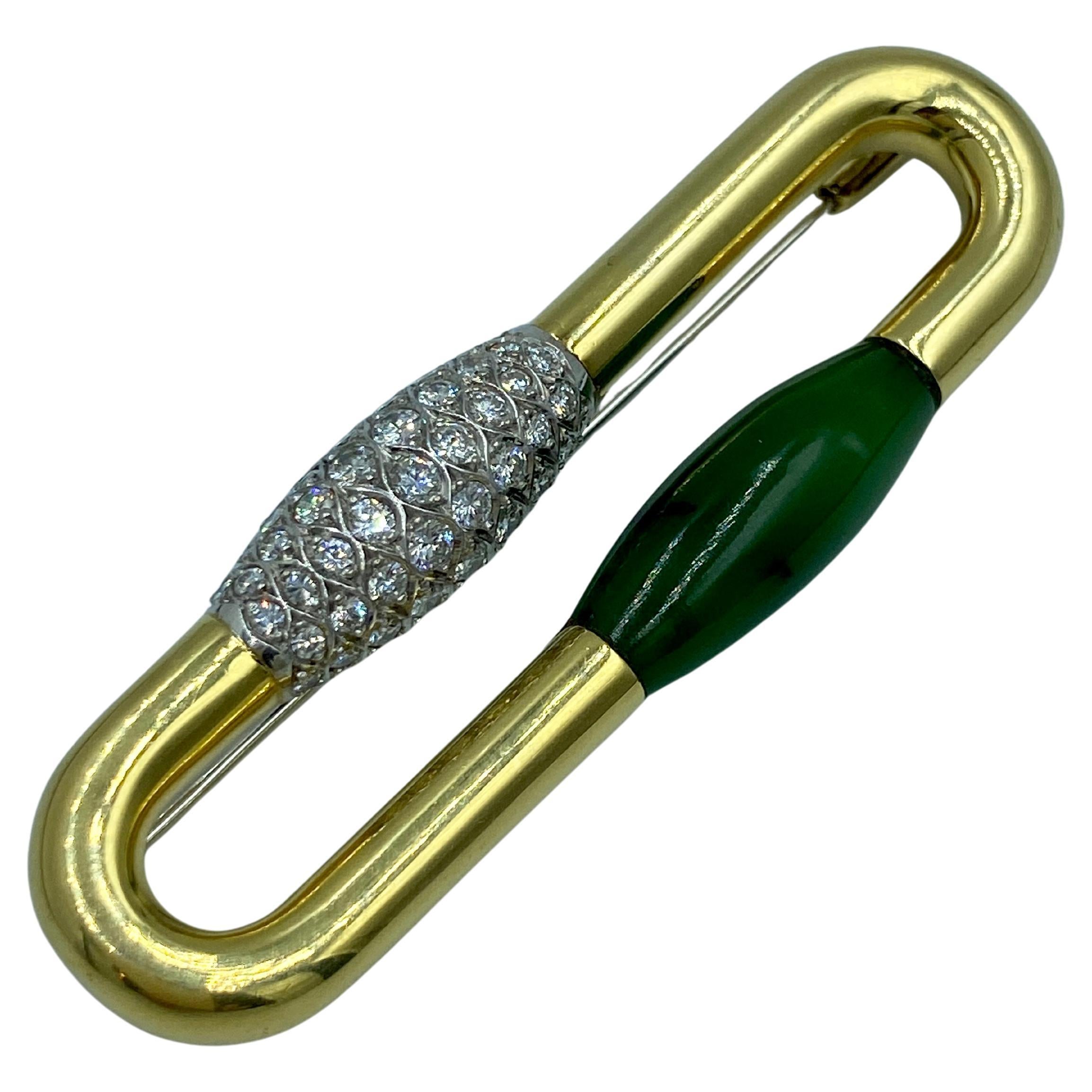 1970s European 14k gold, diamond and jade brooch