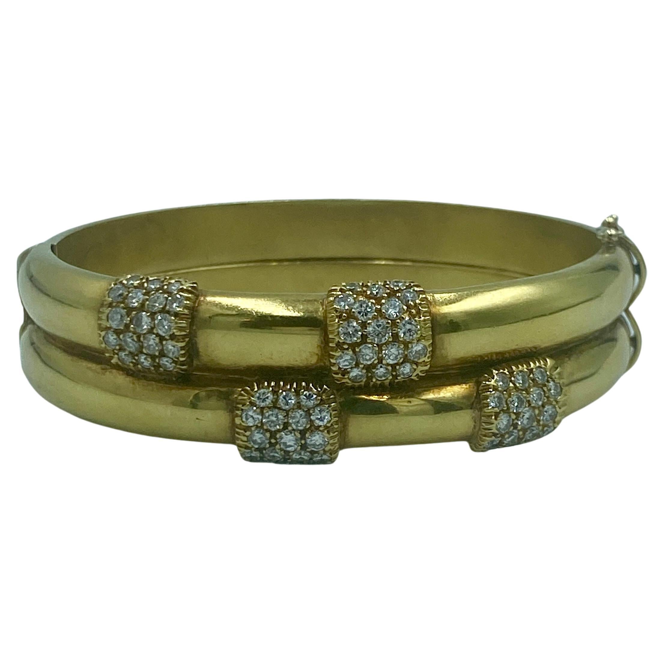 1970s European 18k gold bamboo bangle with diamonds For Sale