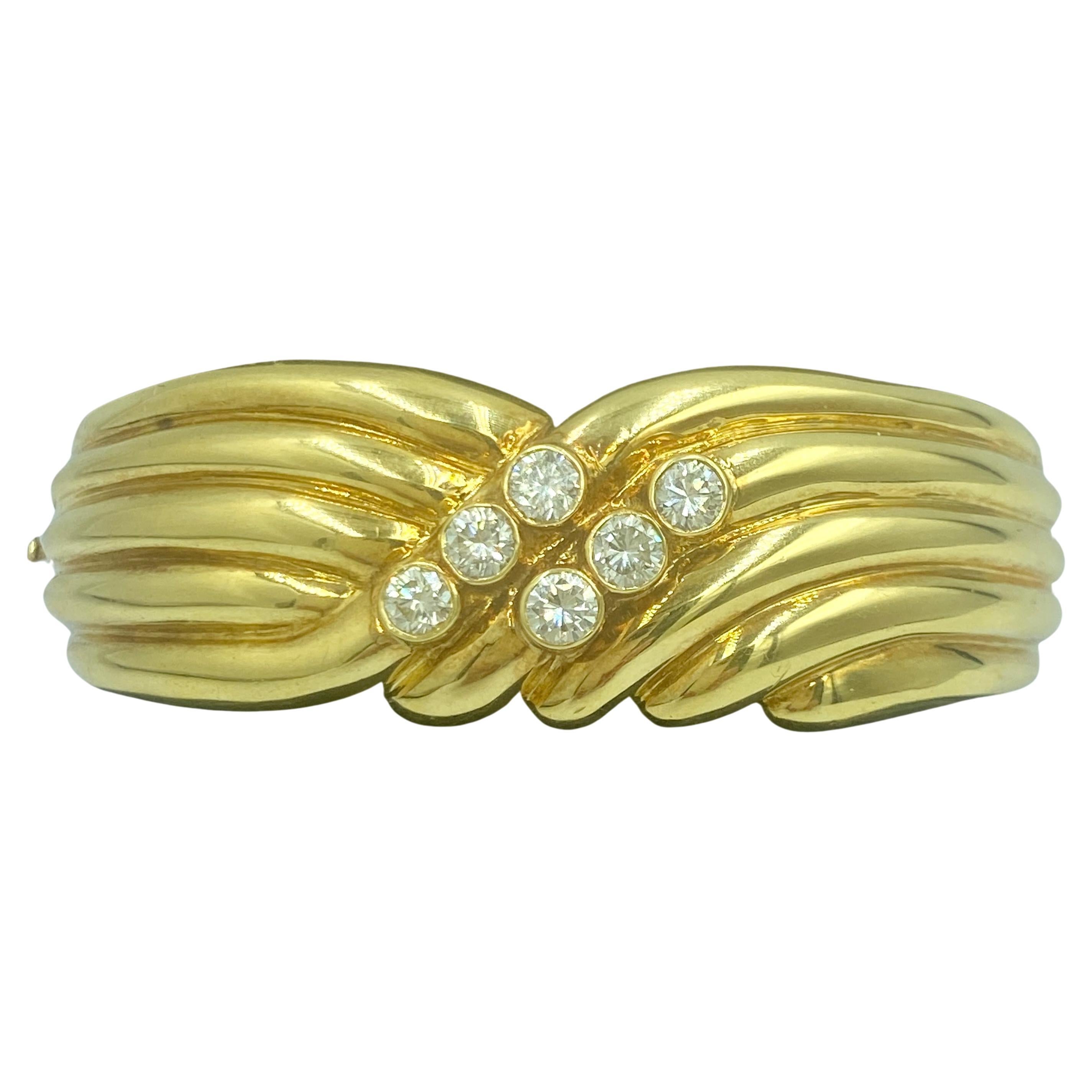 1970s European 18k gold cuff with 6 round cut diamonds For Sale