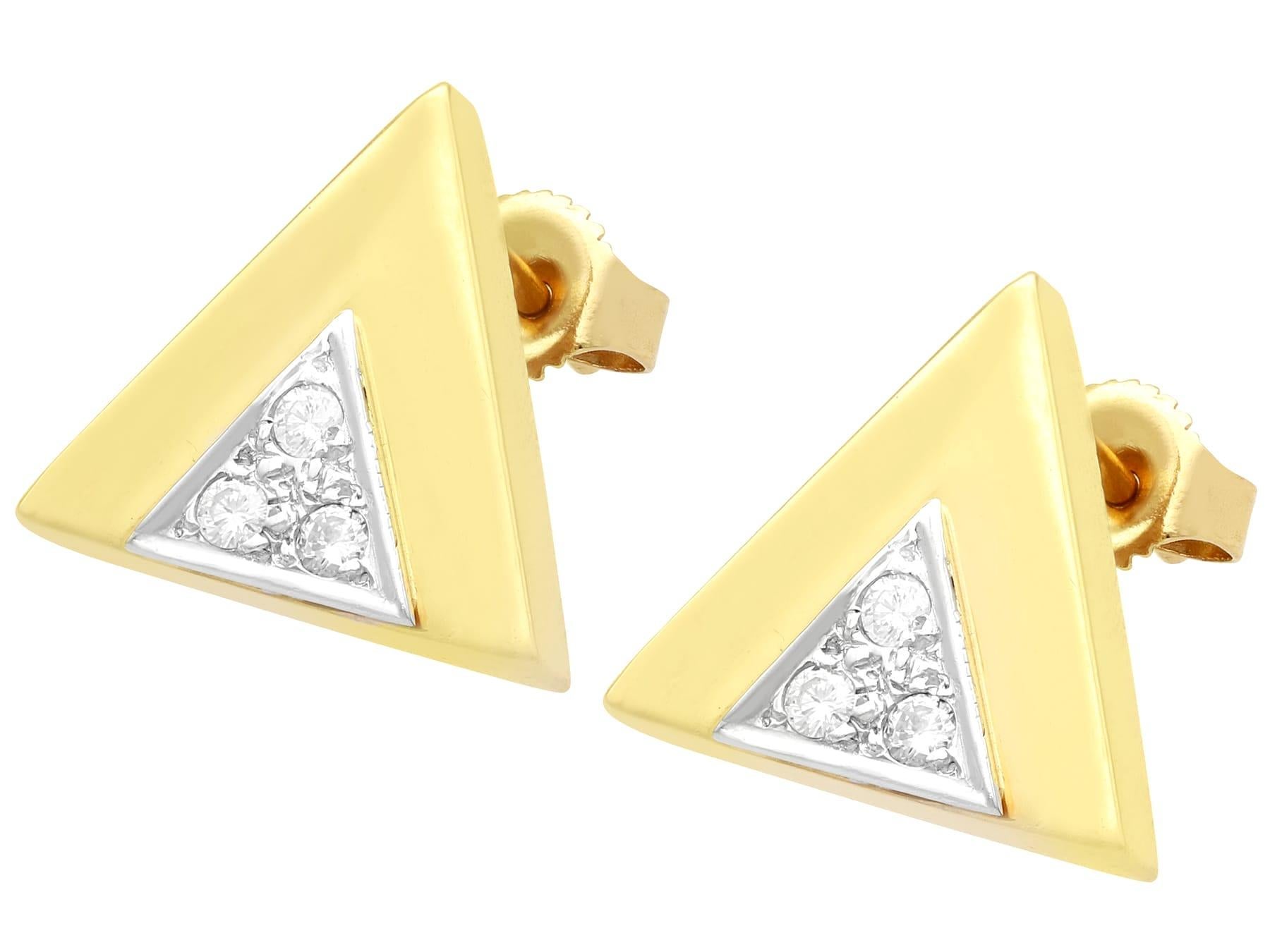 A fine and impressive pair of vintage 0.30 Carat diamond and 14 karat yellow gold, 14 karat white gold set stud earrings; part of our diverse vintage jewelry collections.

These fine and impressive triangular diamond earrings have been crafted in