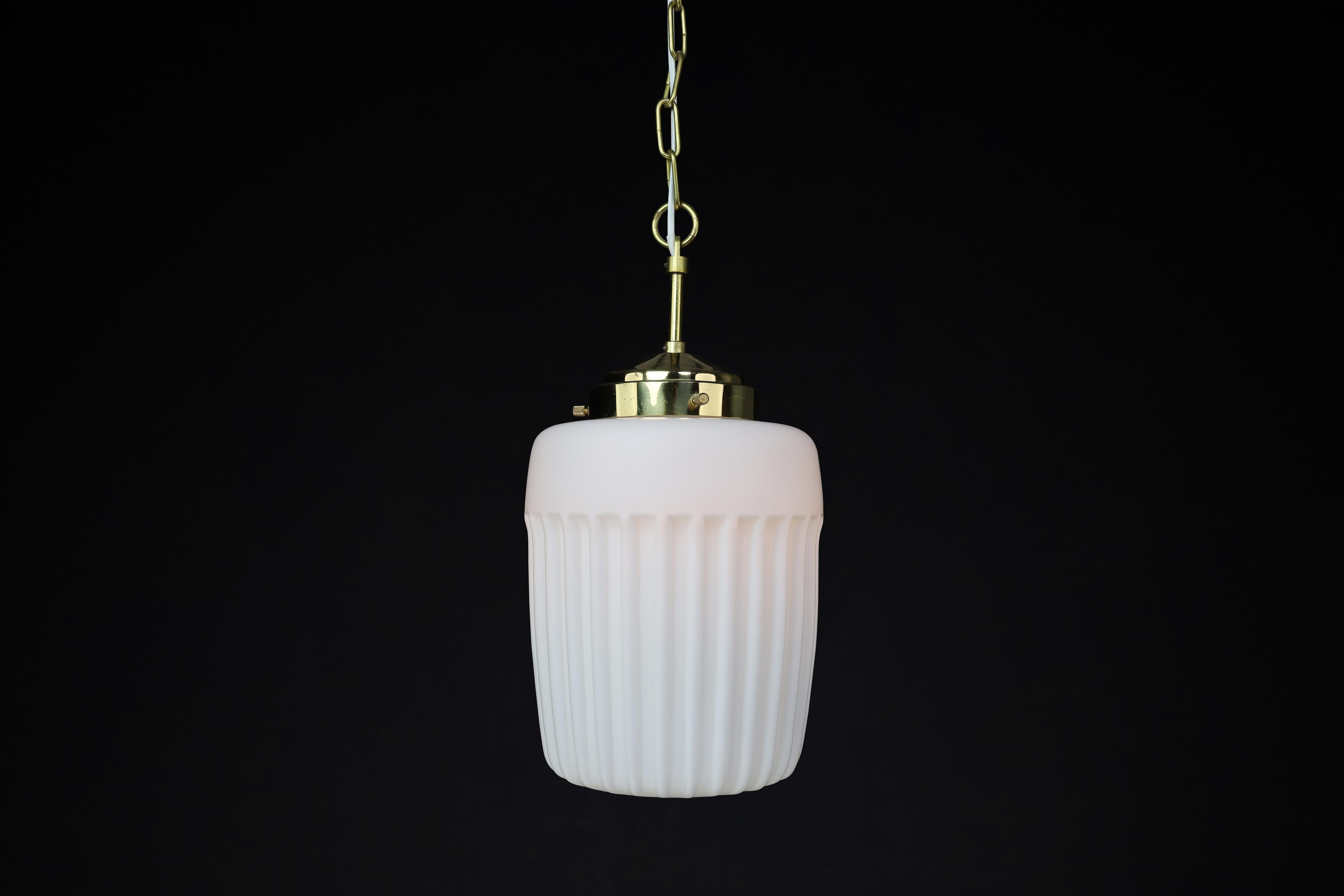20th Century 1970s European Mid-Century Modern Opaline Glass & Brass Pendant Lights For Sale