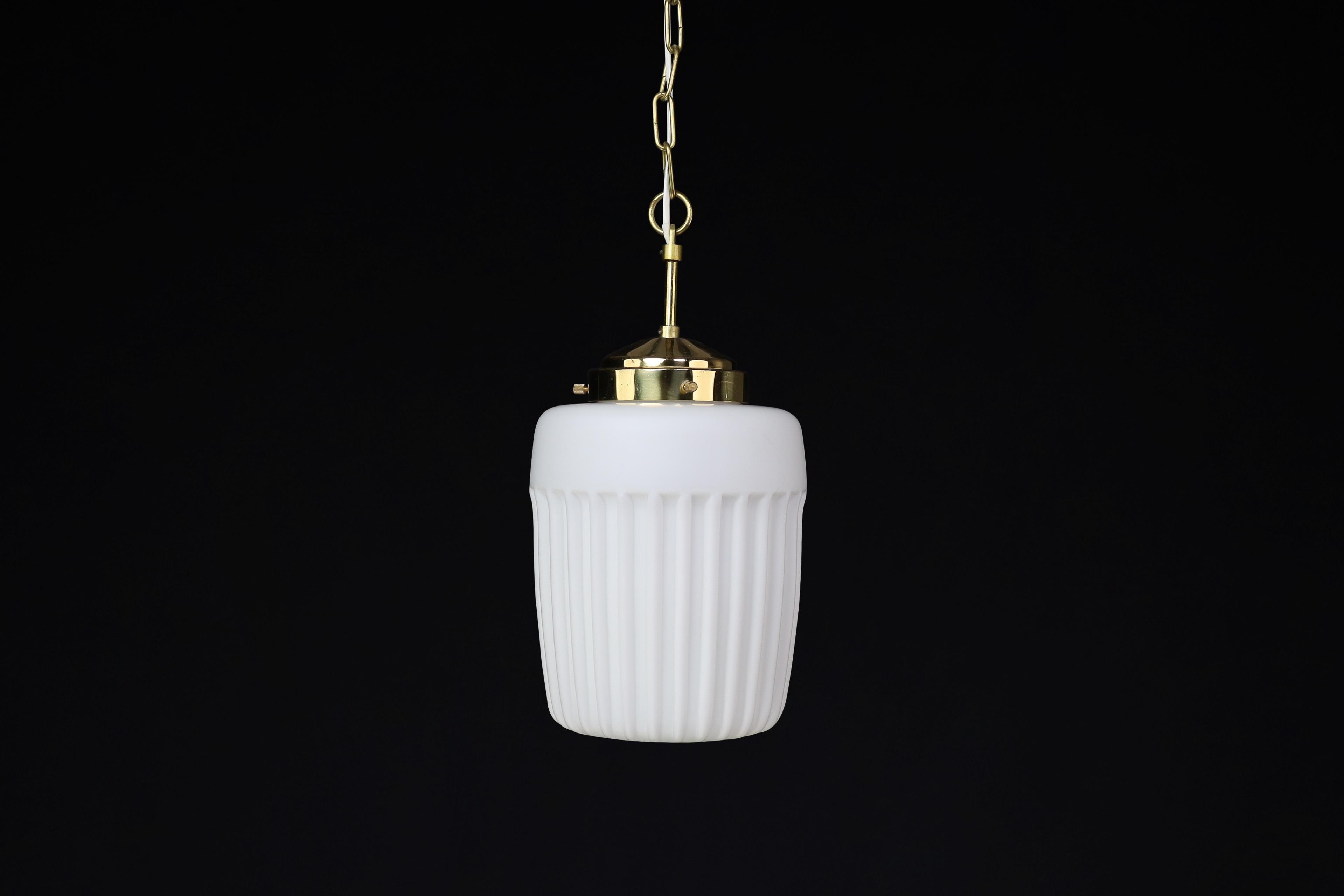 1970s European Mid-Century Modern Opaline Glass & Brass Pendant Lights For Sale 2