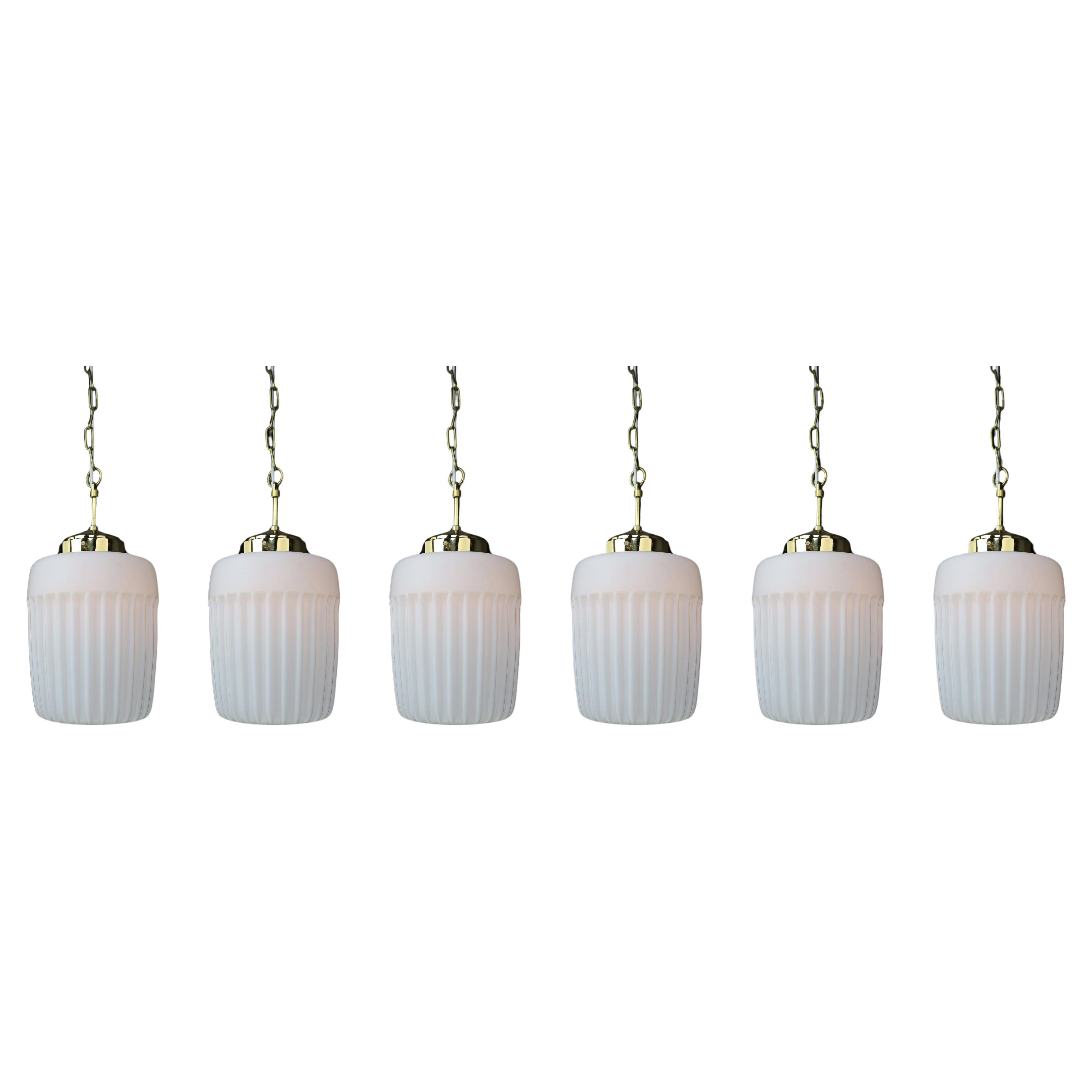 1970s European Mid-Century Modern Opaline Glass & Brass Pendant Lights For Sale