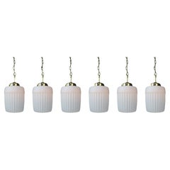 1970s European Mid-Century Modern Opaline Glass & Brass Pendant Lights