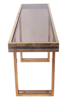 1970s European Willy Rizzo Two-Tone Brass Console Table with Glass Top
