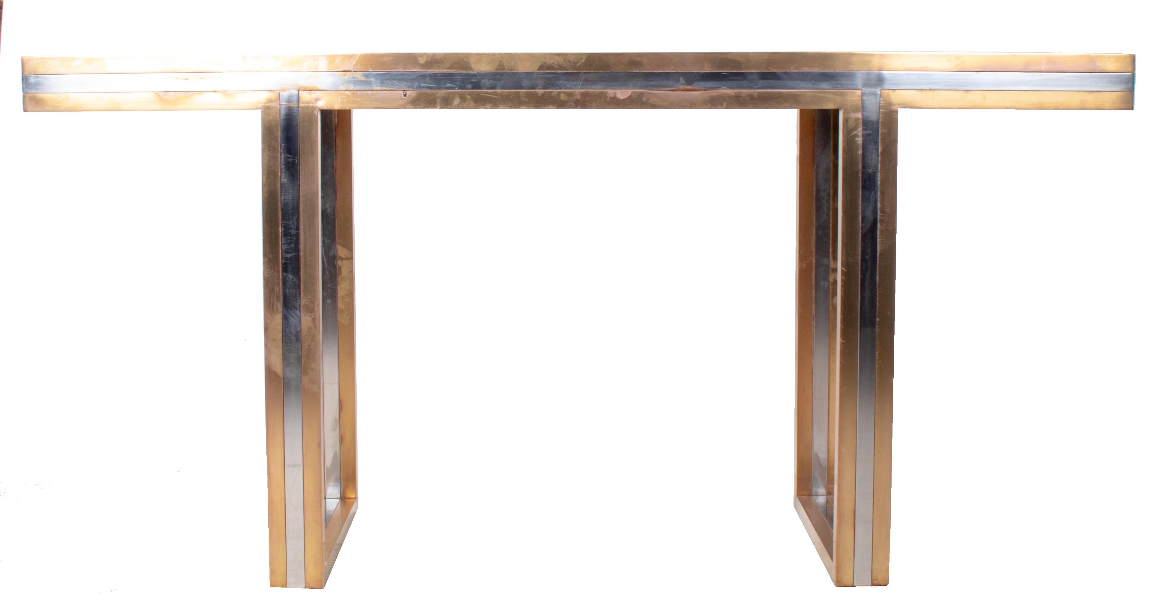 20th Century 1970s European Willy Rizzo Two-Tone Brass Console Table with Glass Top