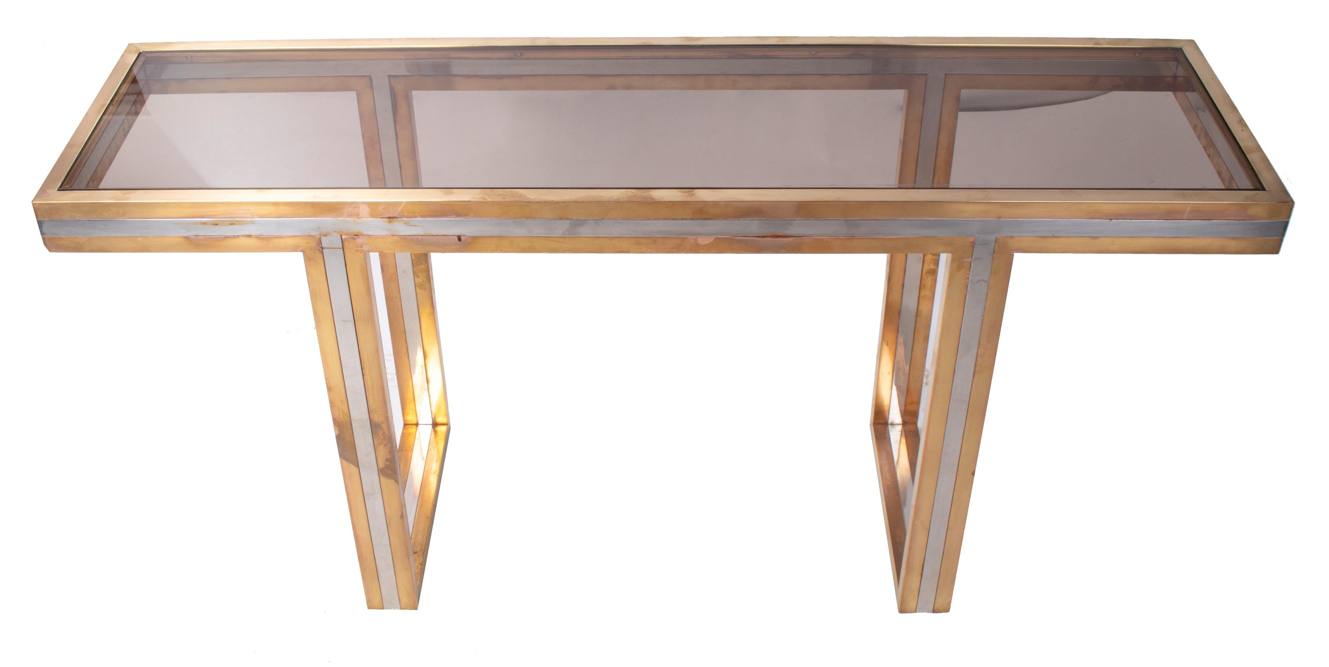 Bronze 1970s European Willy Rizzo Two-Tone Brass Console Table with Glass Top