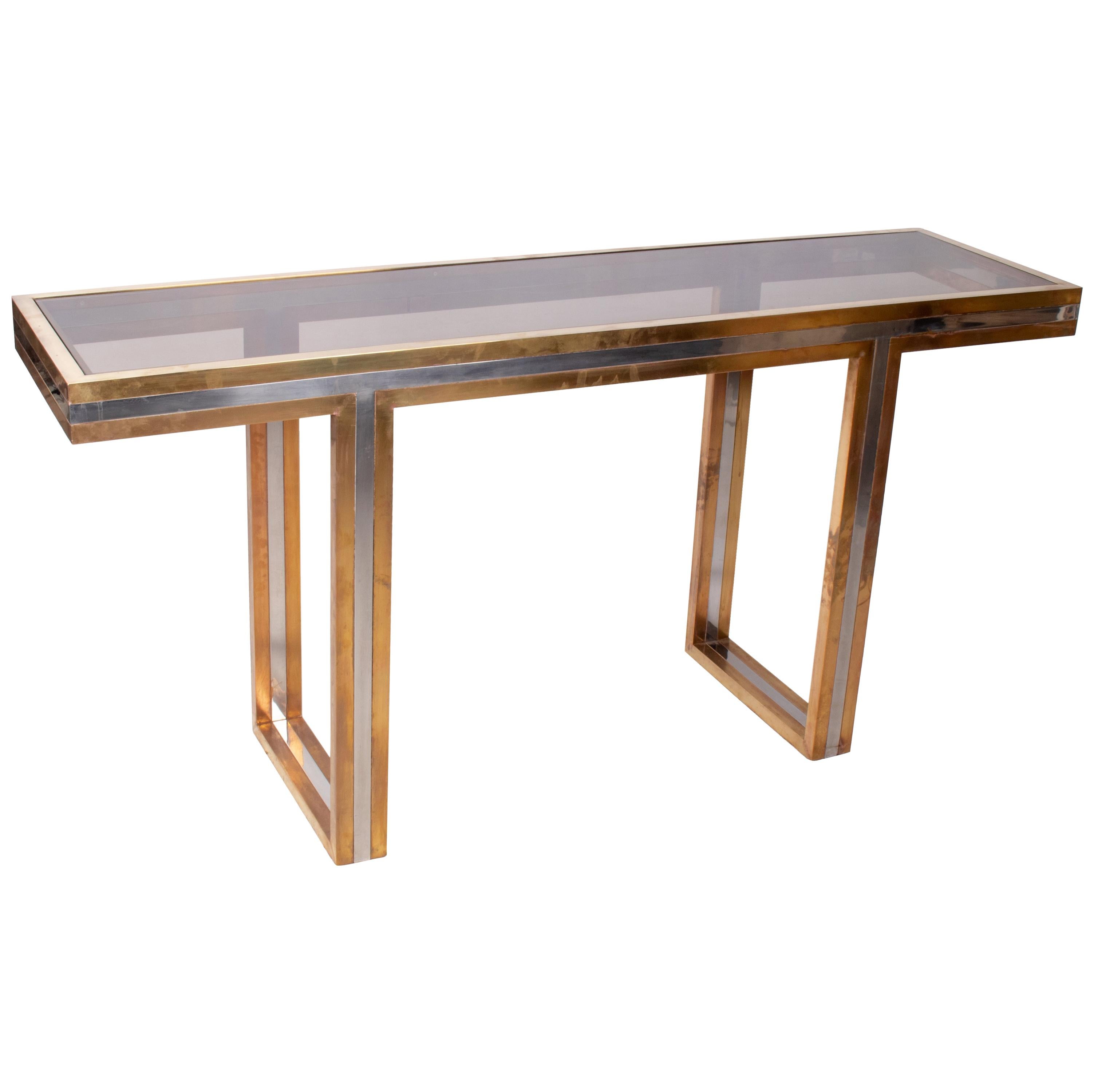 1970s European Willy Rizzo Two-Tone Brass Console Table with Glass Top