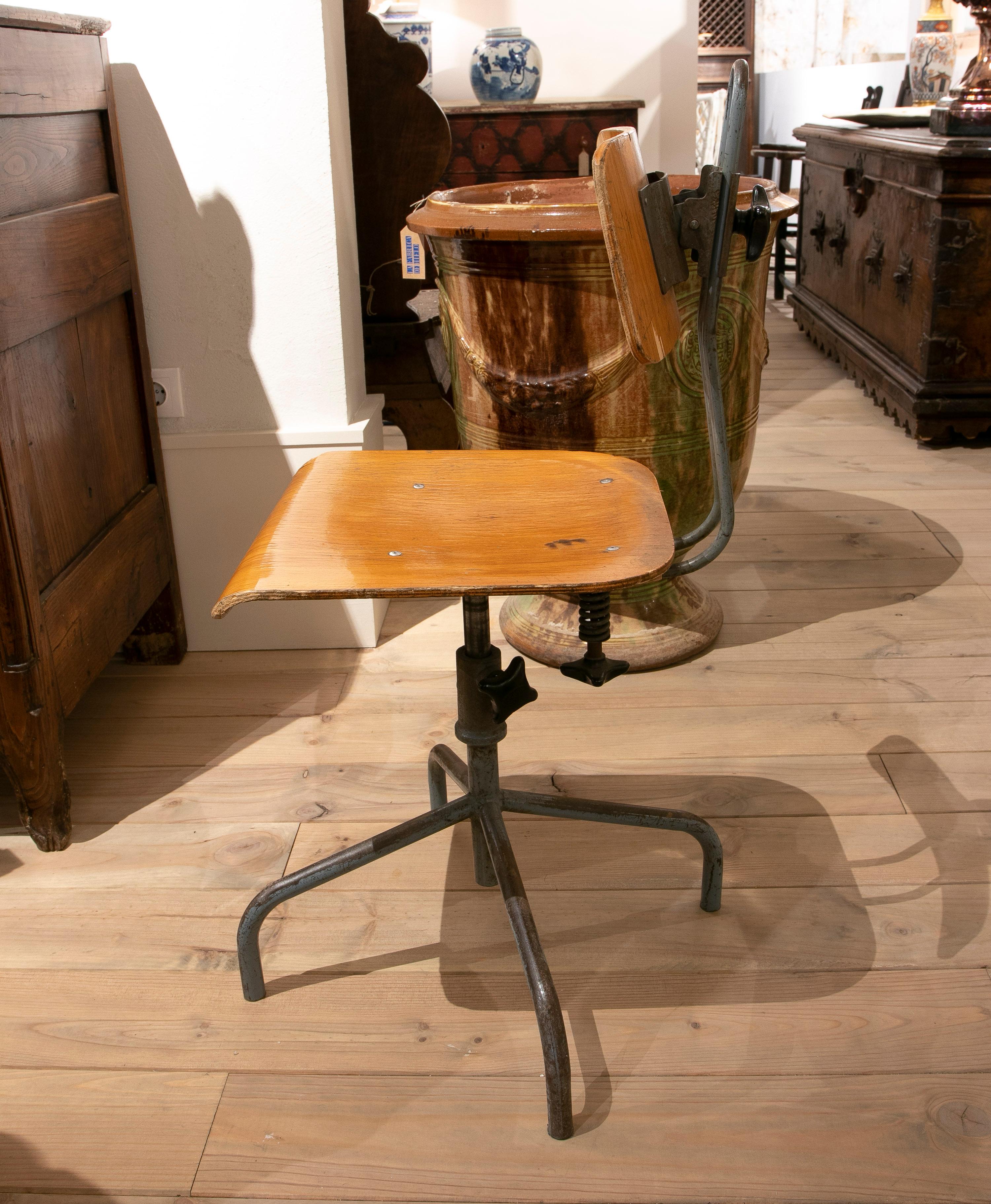 20th Century 1970s European Wood & Steel Adjustable Office Chair