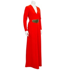 1970's Evelyn Byrnes Flame Red Rayon Crepe Gown