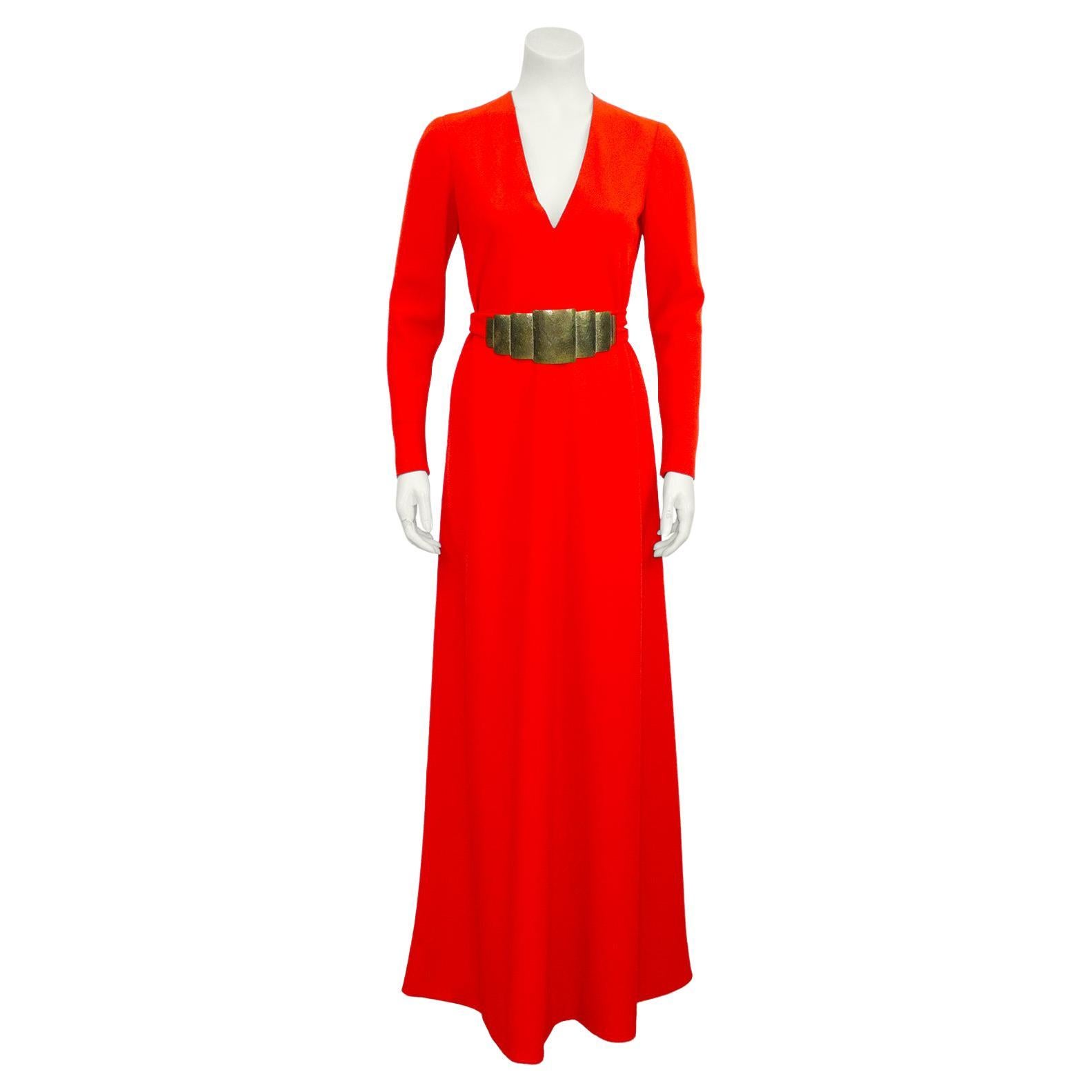 1970's Evelyn Byrnes Flame Red Rayon Crepe Gown  For Sale