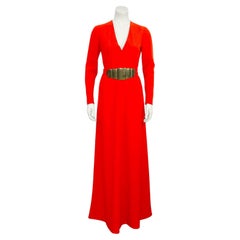 1970's Evelyn Byrnes Flame Red Rayon Crepe Gown 