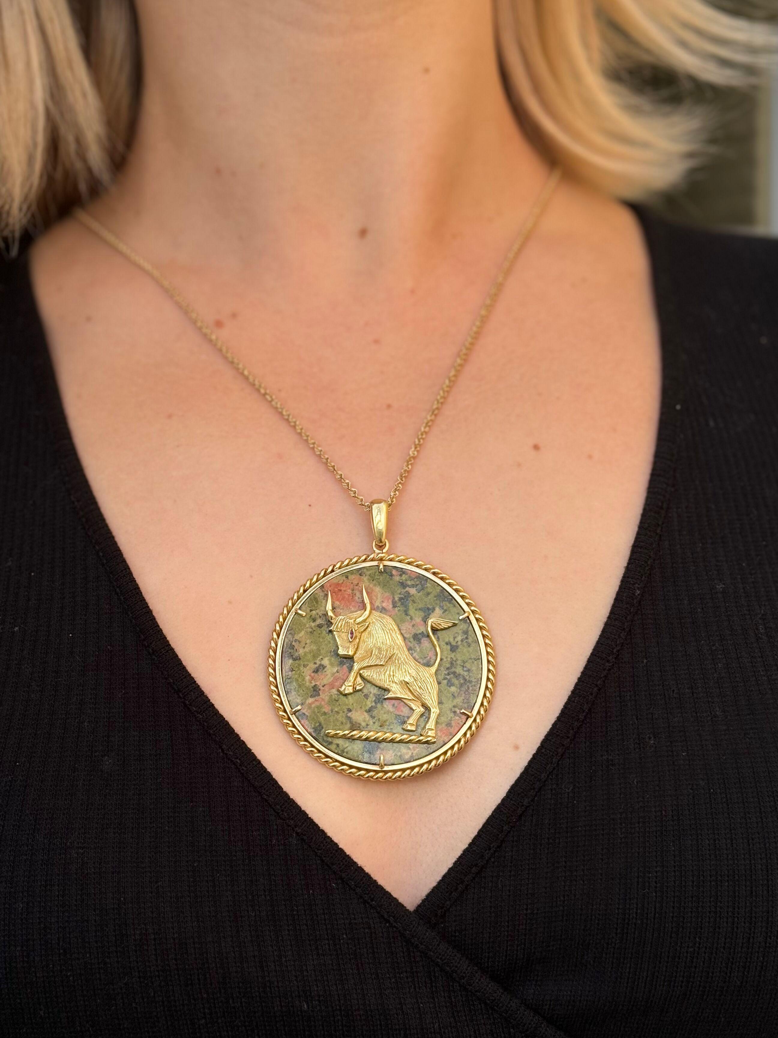 1970s Exotic Inlay Gemstone Ruby Gold Taurus Zodiac Sign Bull Pendant Medallion  In Excellent Condition In New York, NY