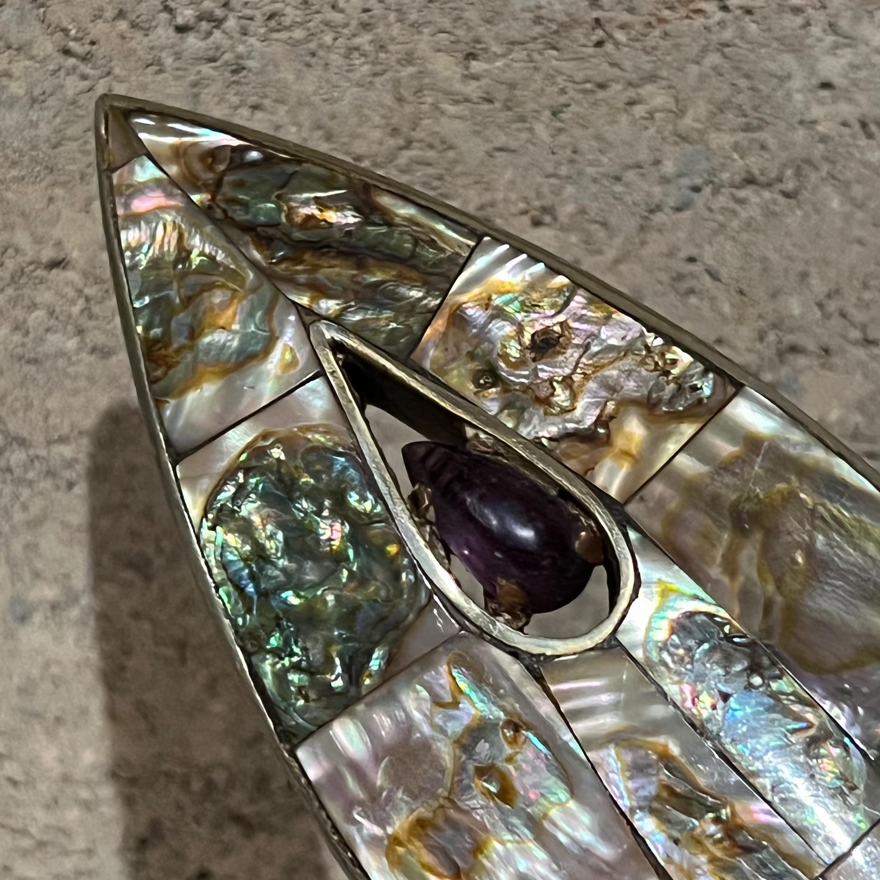 Silver Plate 1970s Exquisite Los Castillo Fish Pull Handle Abalone Amethyst and Silver Mexico