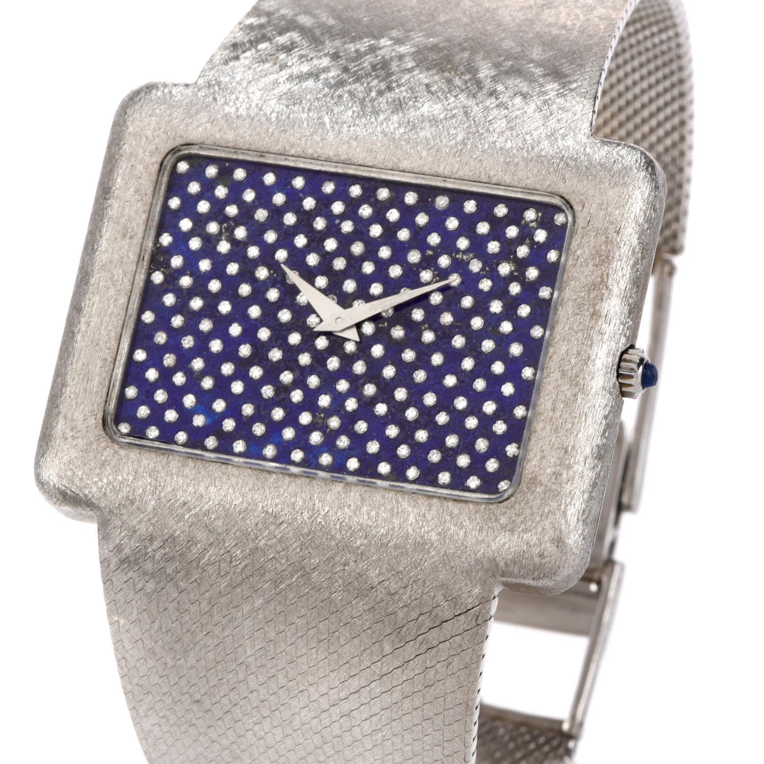 Adorn your wrist with this remarkable Vintage Corum Diamond Lapis Chrome Watch.  This 1970s stylist extra large watch is crafted in 18k white gold with soft silky finish.

 The dial is genyine lapis set with  genuine diamonds, round cut, bezel set