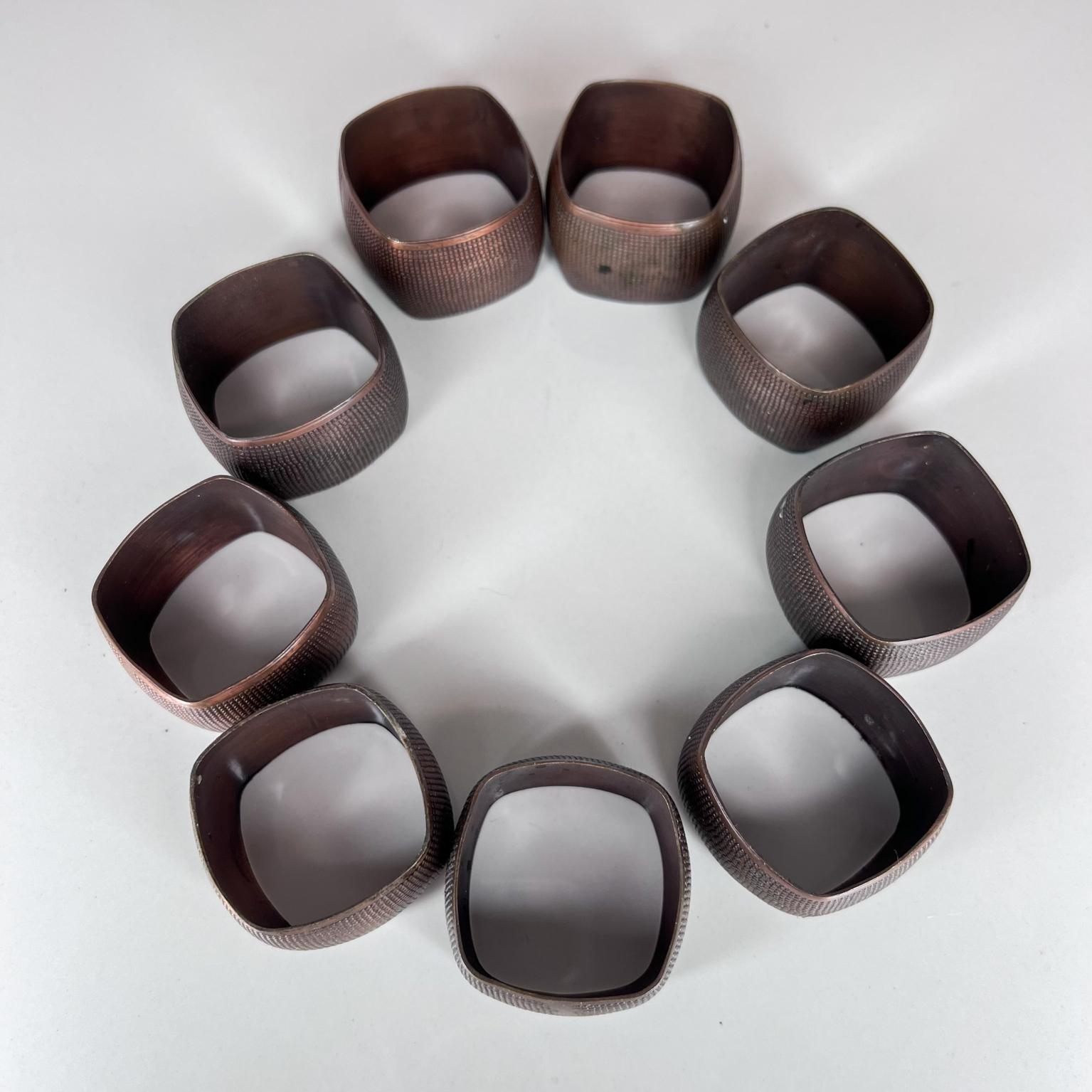 1970s Fabulous Modern 9 Copper Napkin Ring Holders with Textured Design In Good Condition In Chula Vista, CA