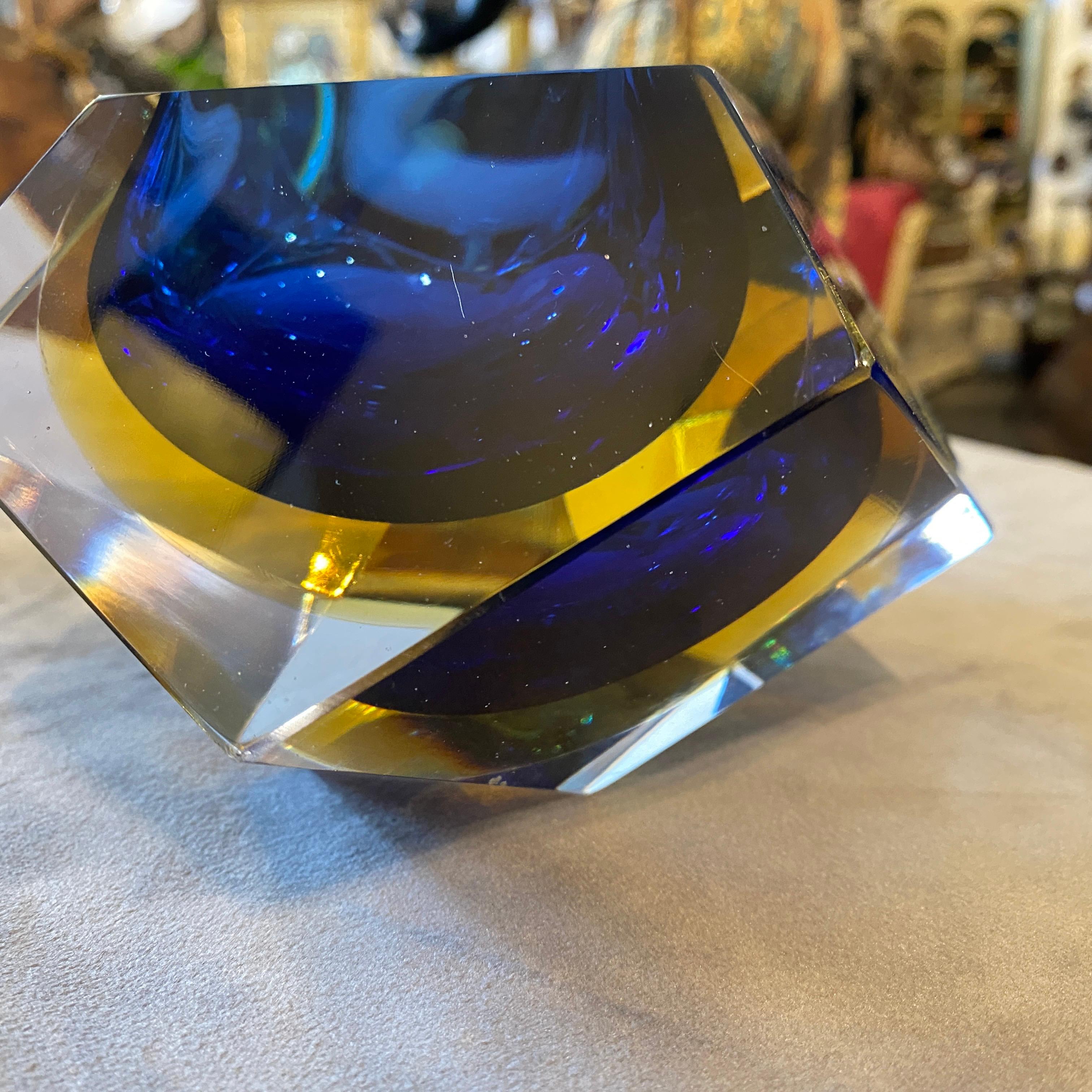 1970s Faceted Blue and Yellow Murano Glass Ashtray by Seguso 3