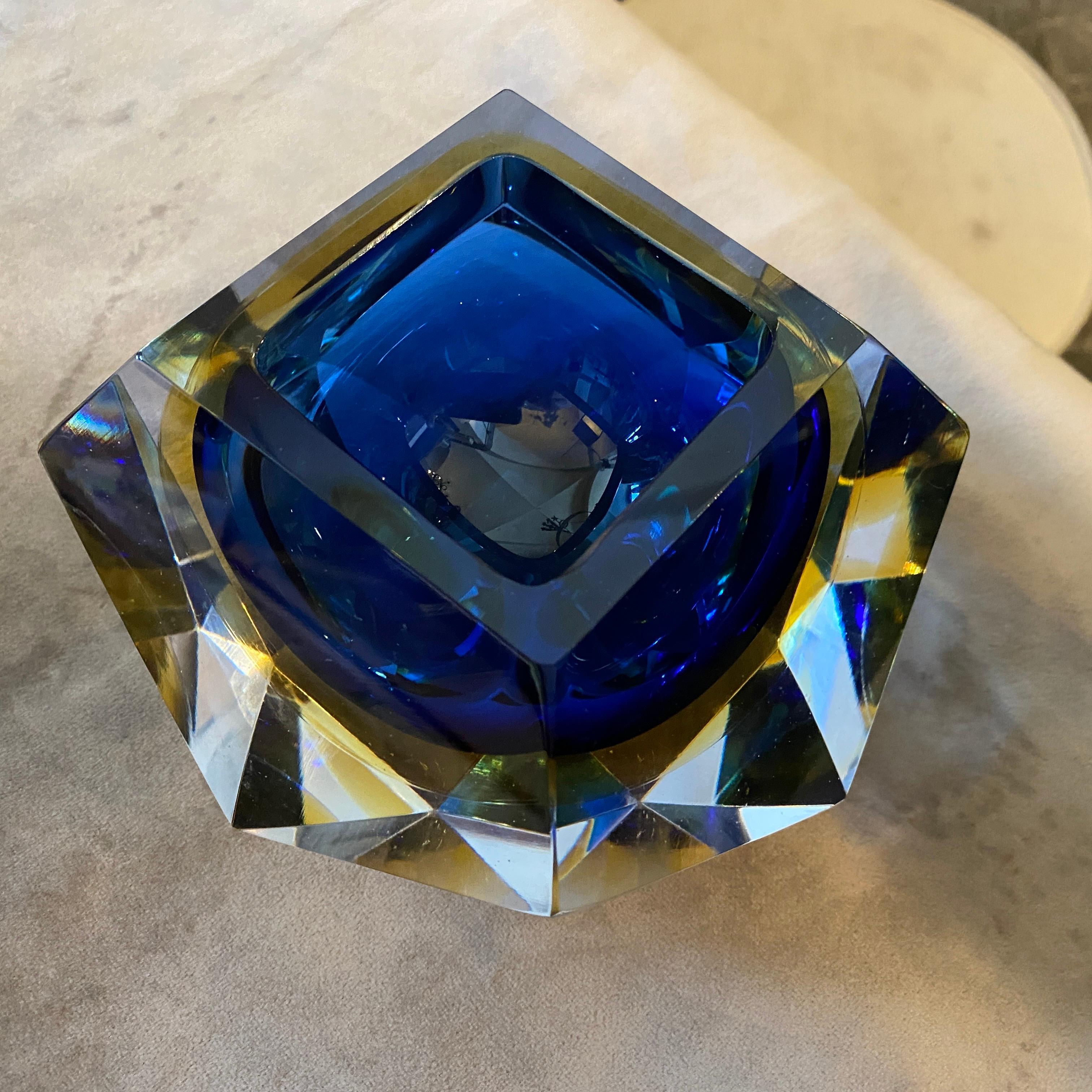 Mid-Century Modern 1970s Faceted Blue and Yellow Murano Glass Ashtray by Seguso