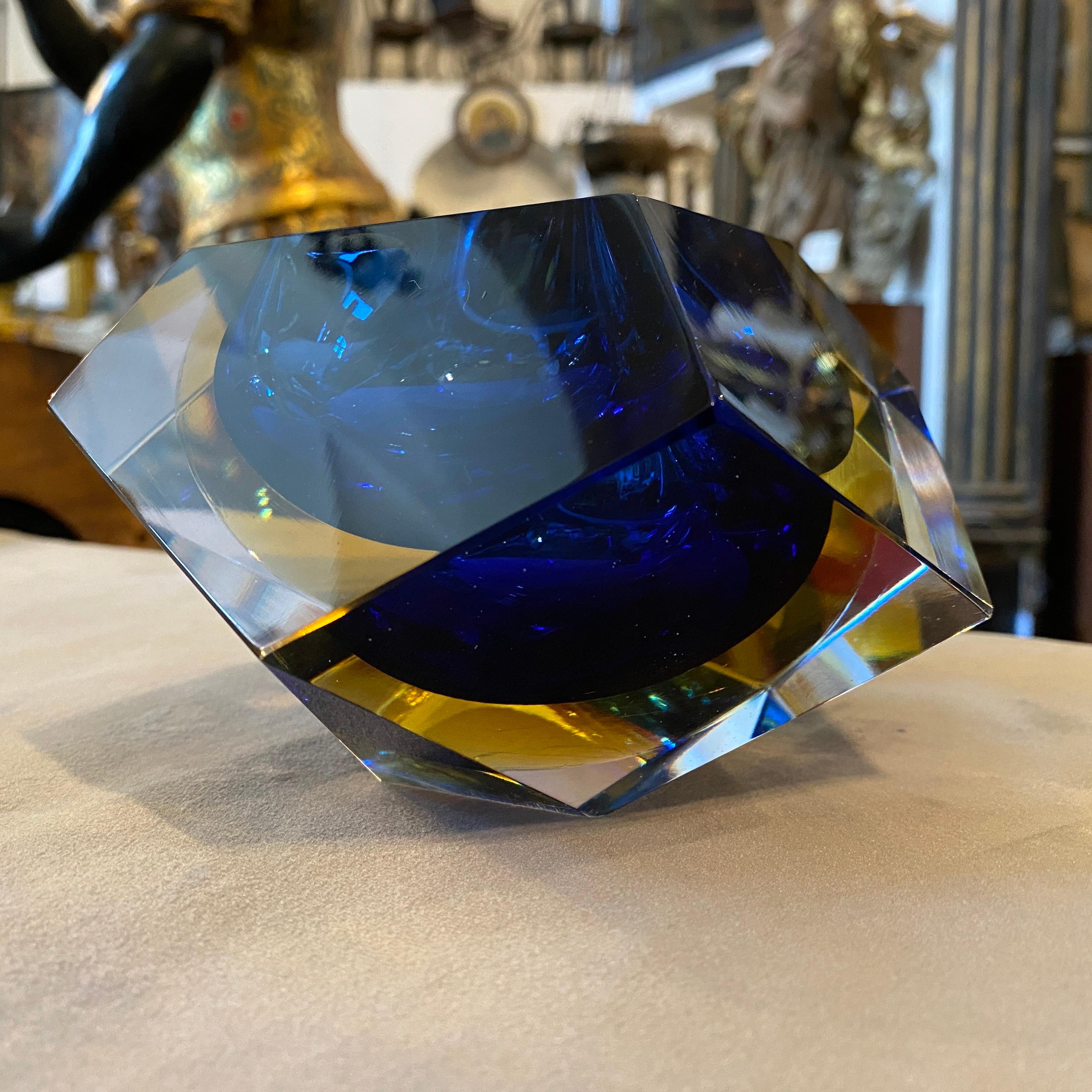 European 1970s Faceted Blue and Yellow Murano Glass Ashtray by Seguso