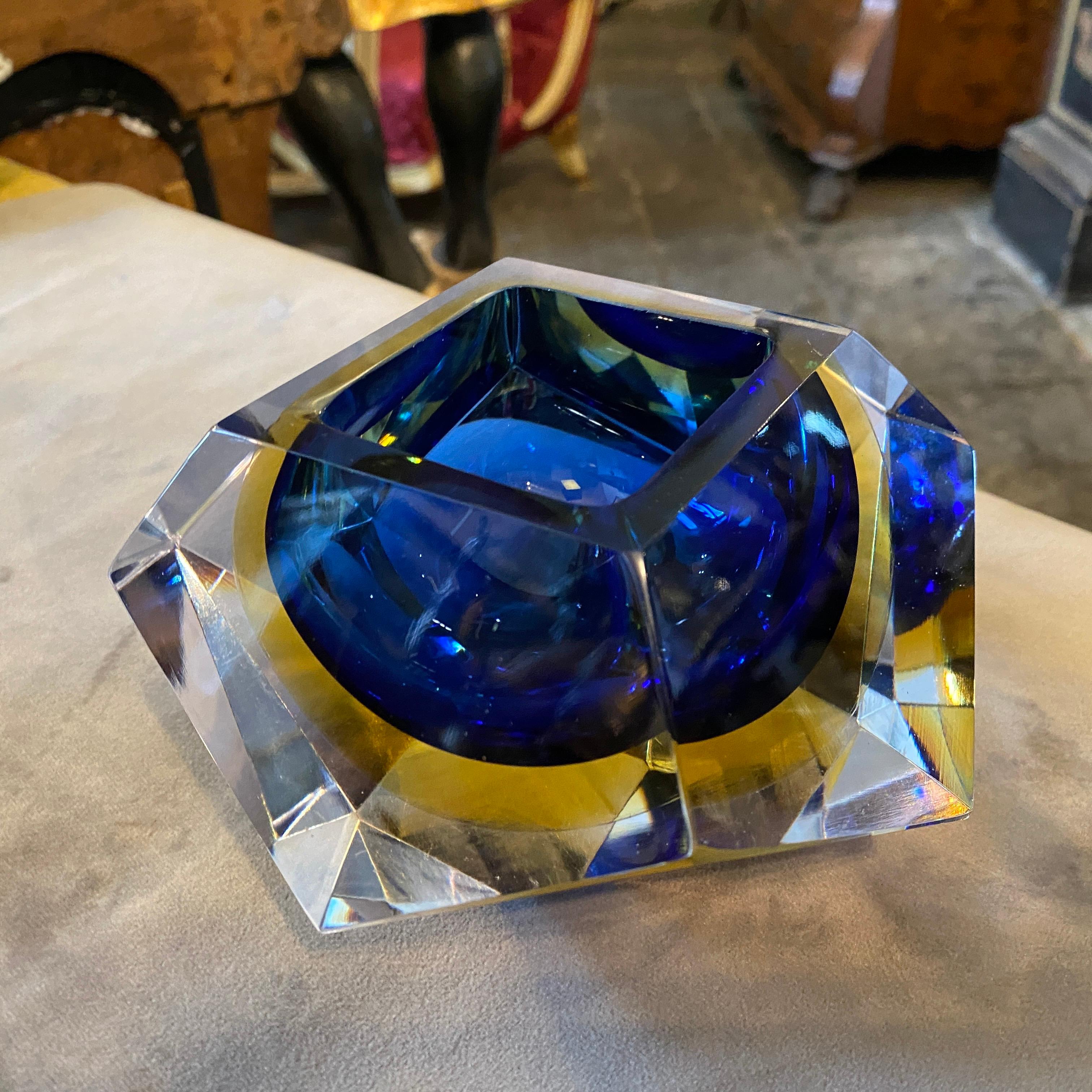 Hand-Crafted 1970s Faceted Blue and Yellow Murano Glass Ashtray by Seguso