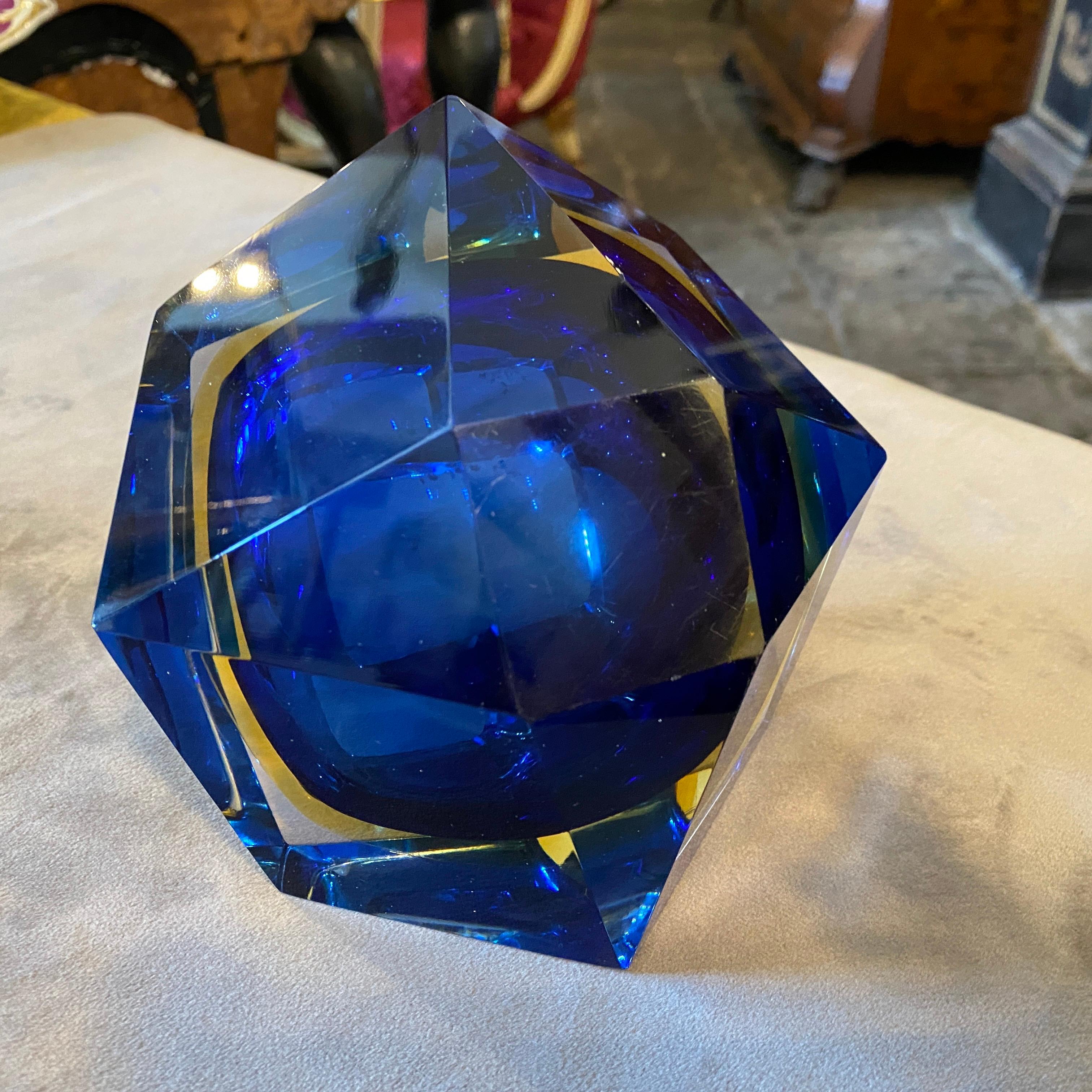 20th Century 1970s Faceted Blue and Yellow Murano Glass Ashtray by Seguso