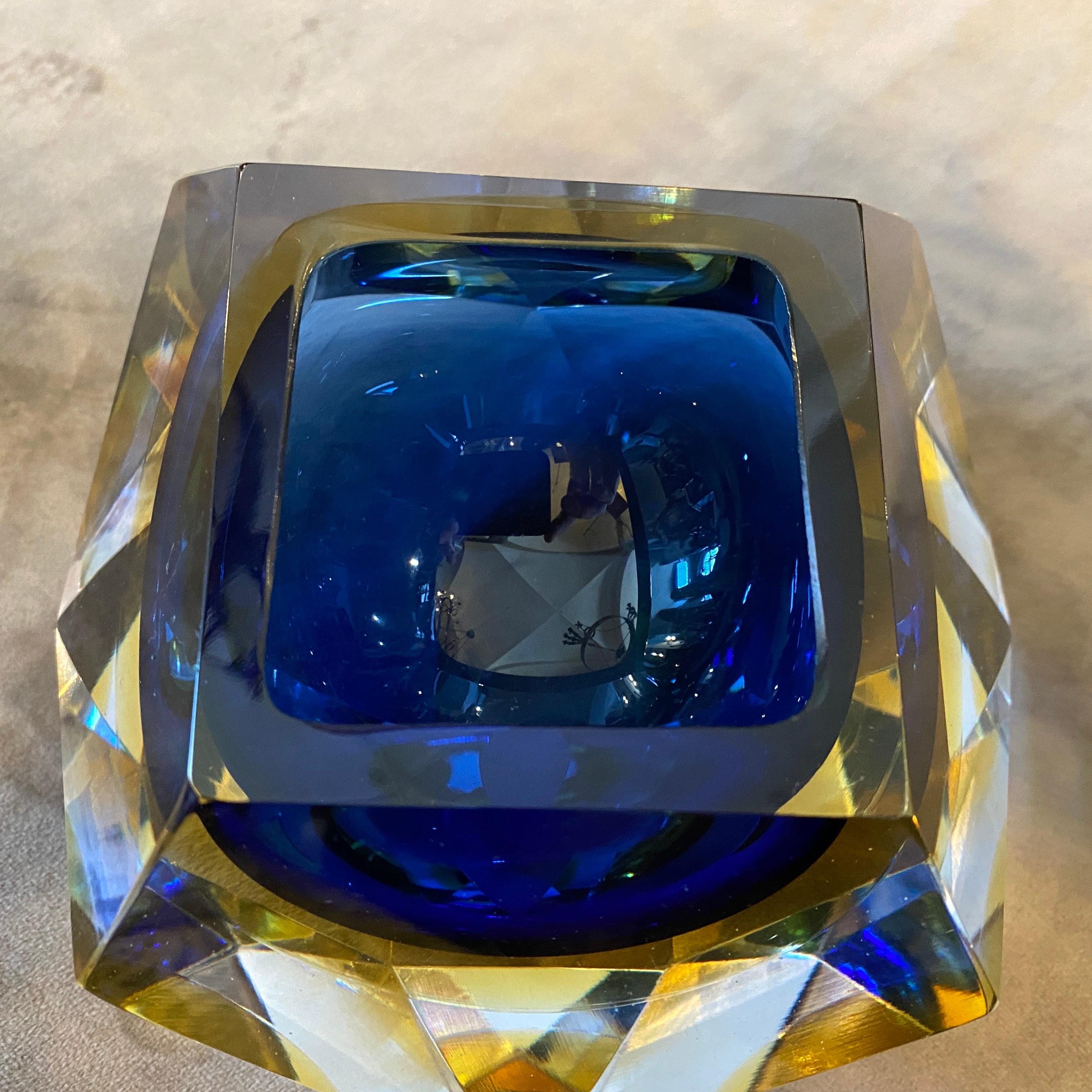 1970s Faceted Blue and Yellow Murano Glass Ashtray by Seguso 2