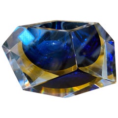 1970s Faceted Blue and Yellow Murano Glass Ashtray by Seguso