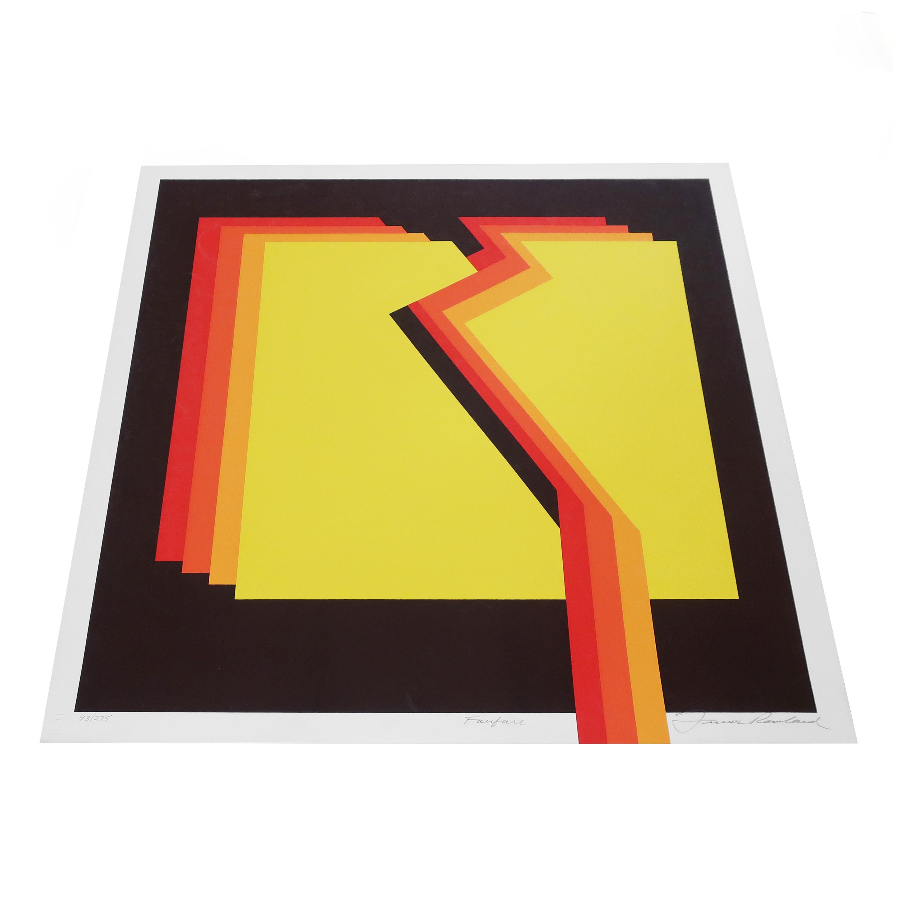 A striking limited edition op art serigraph by American artist Frank Rowland (1927-2012) in the hard edge style. An abstract geometric composition in red, orange, and yellow against a dark brown background. Pencil signed 