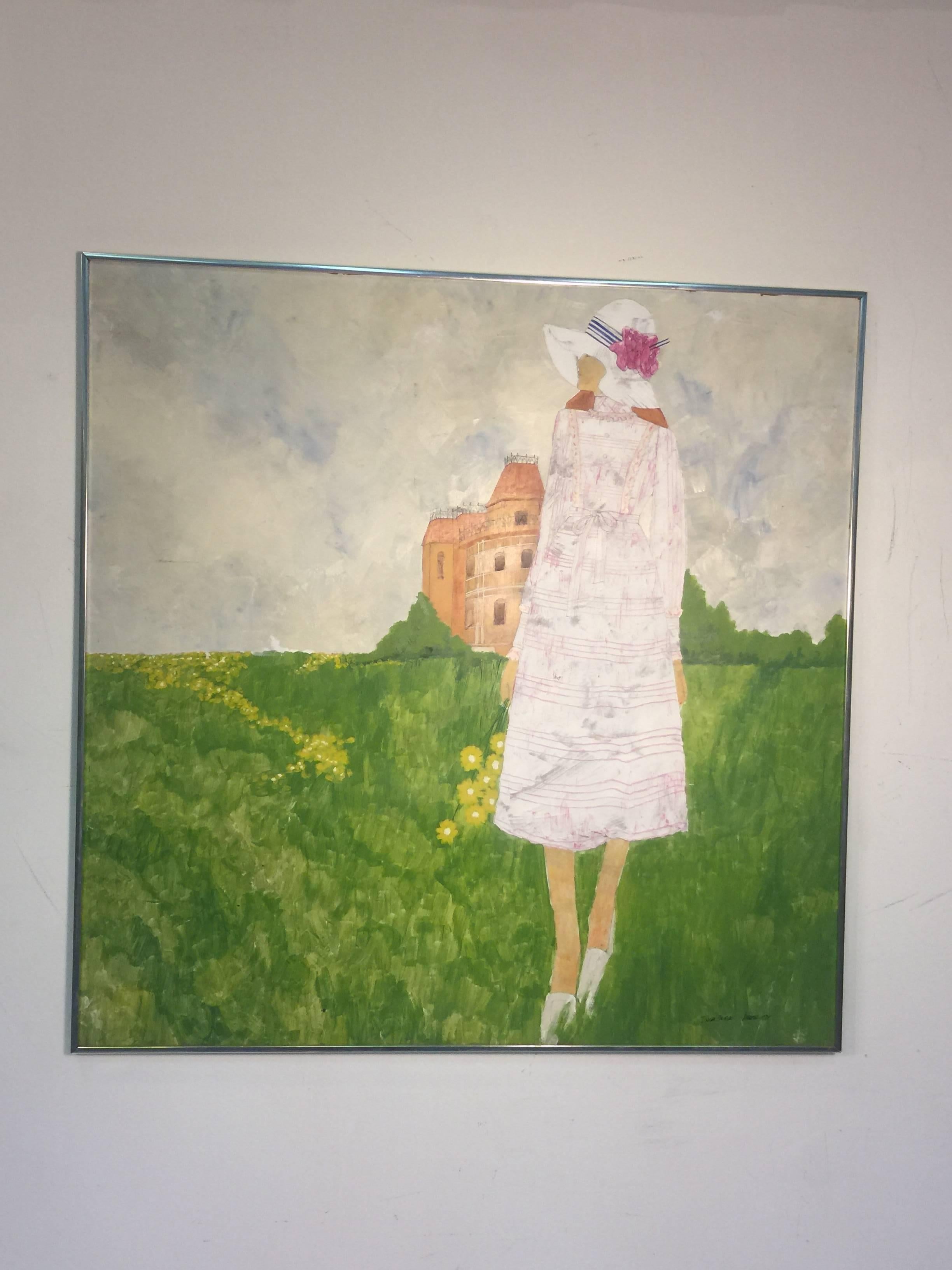 Atmospheric painting on board of a woman in 1970s fancy dress and hat gathering yellow wild flowers in a field with a Victorian mansion behind her. Signed by Dale Caran and dated March 1971.