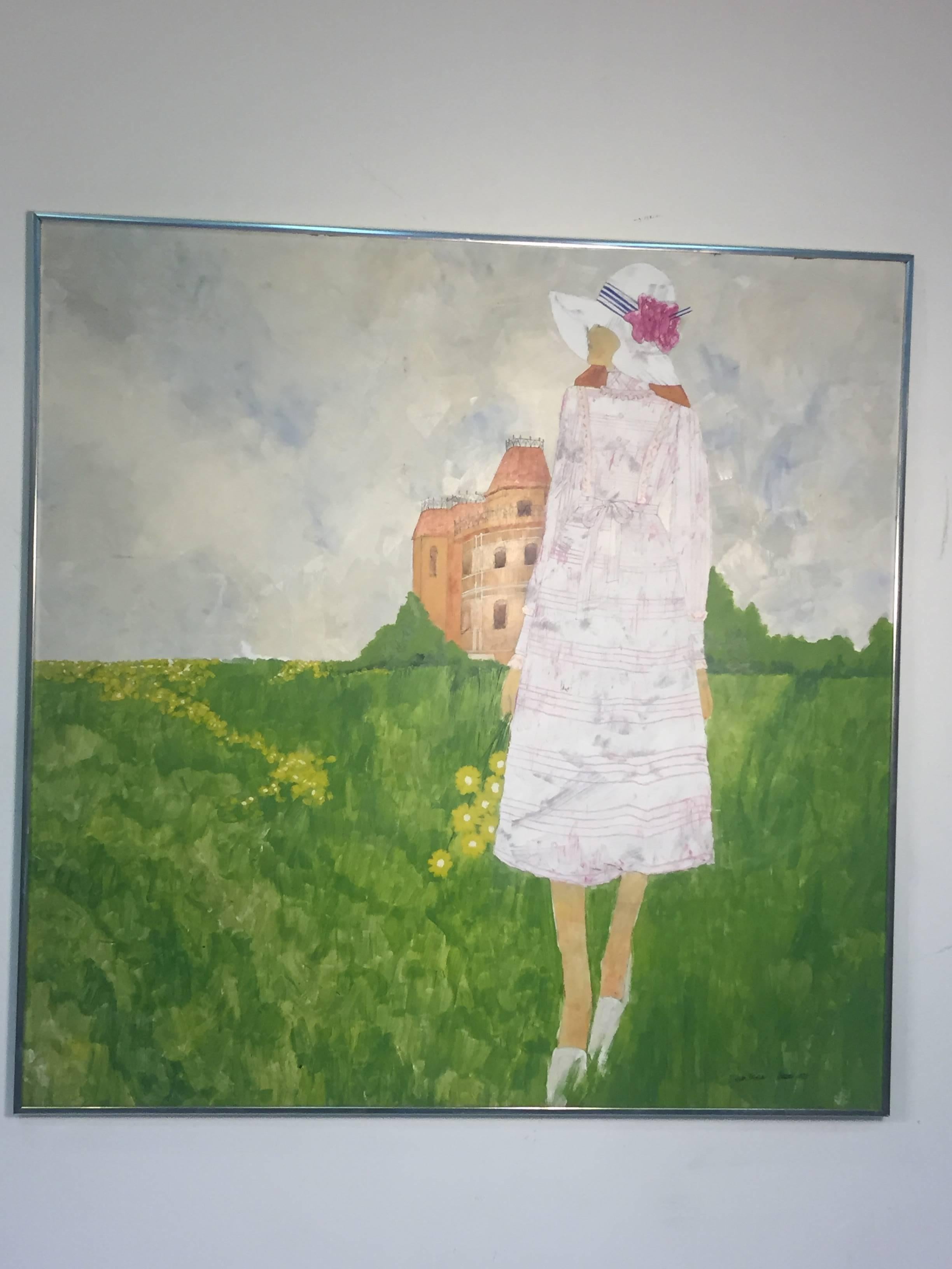 Modern 1970s Fashionable Woman in Field of Flowers Painting Signed For Sale