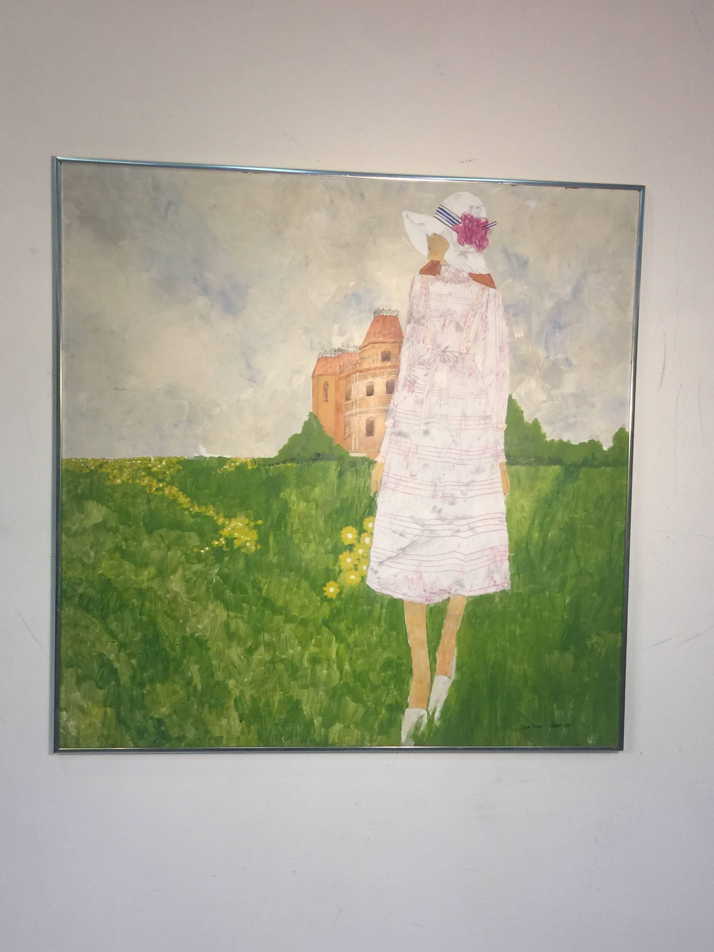 Late 20th Century 1970s Fashionable Woman in Field of Flowers Painting Signed For Sale